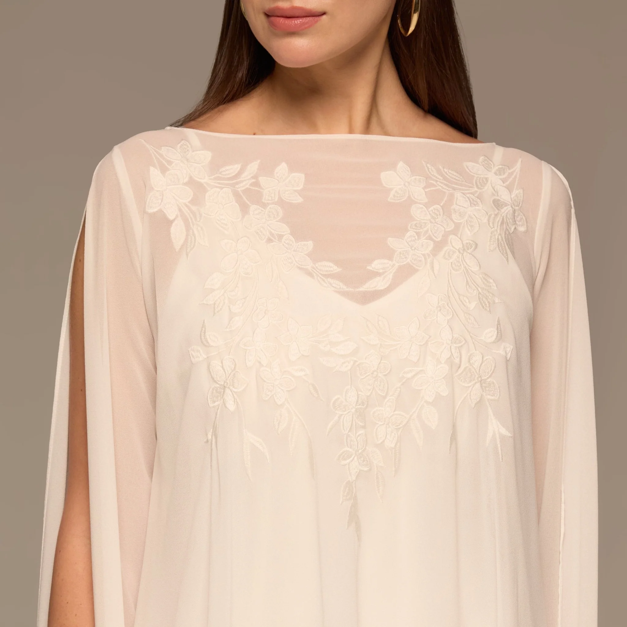 Ivory Satin Dress with Embroidered Chiffon Overlay - Image 3