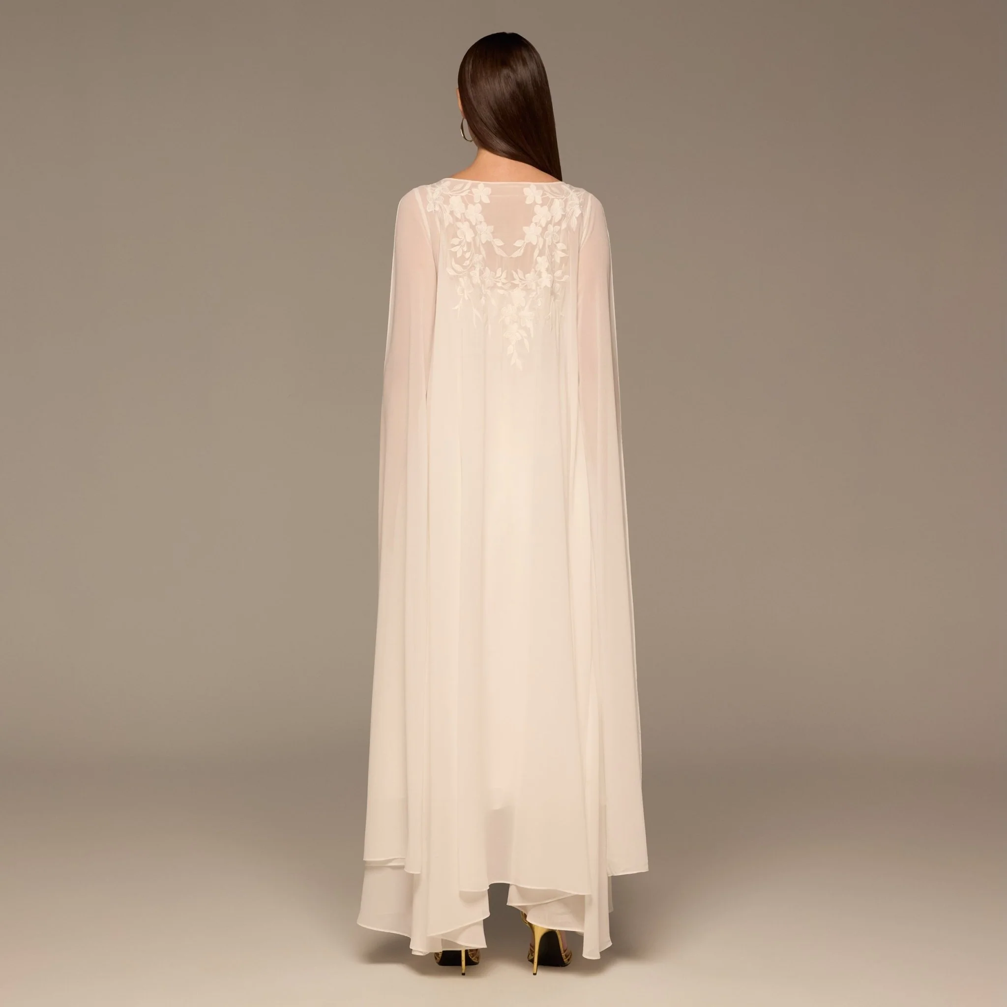Ivory Satin Dress with Embroidered Chiffon Overlay - Image 4