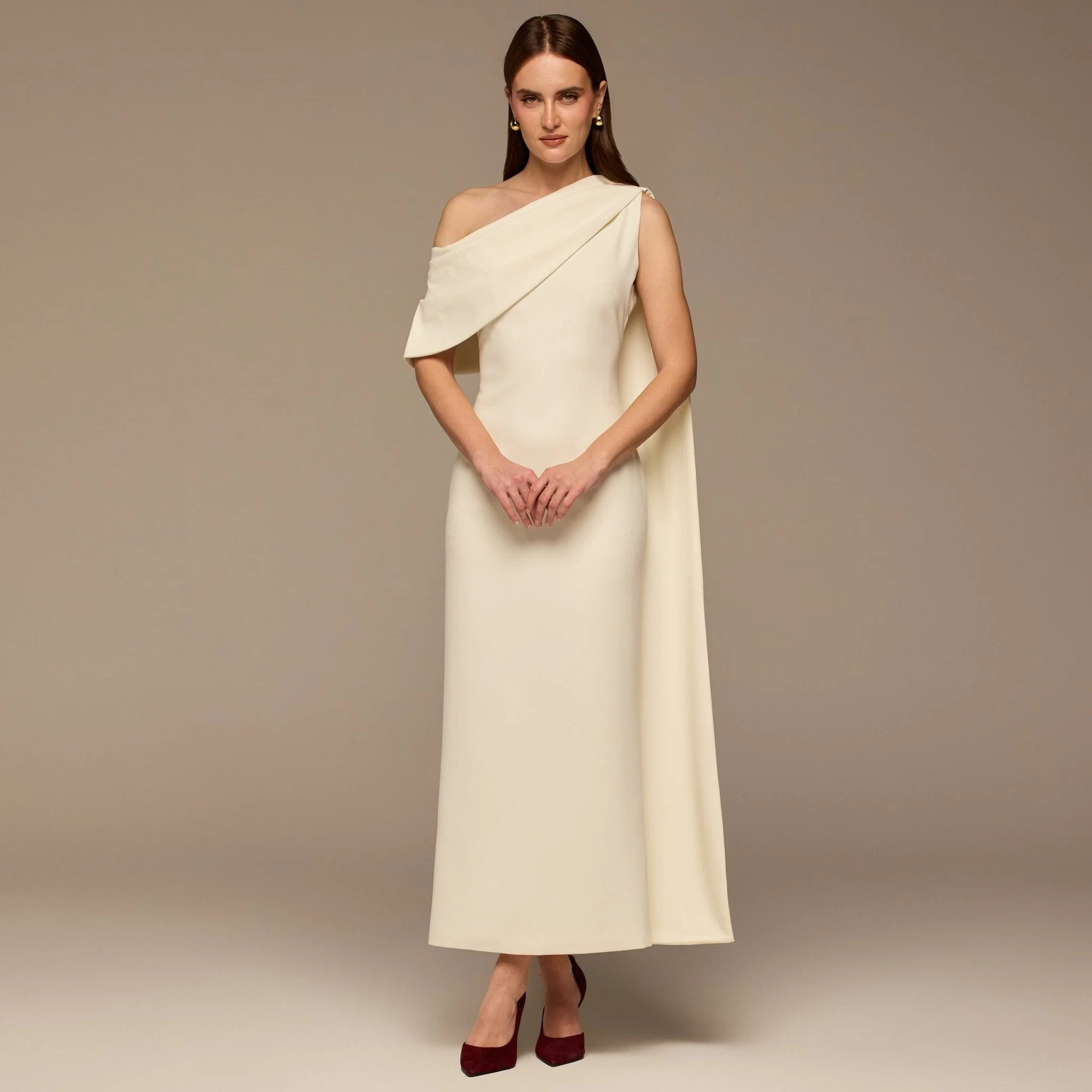 Ivory One-Shoulder Crepe Dress with Scarf