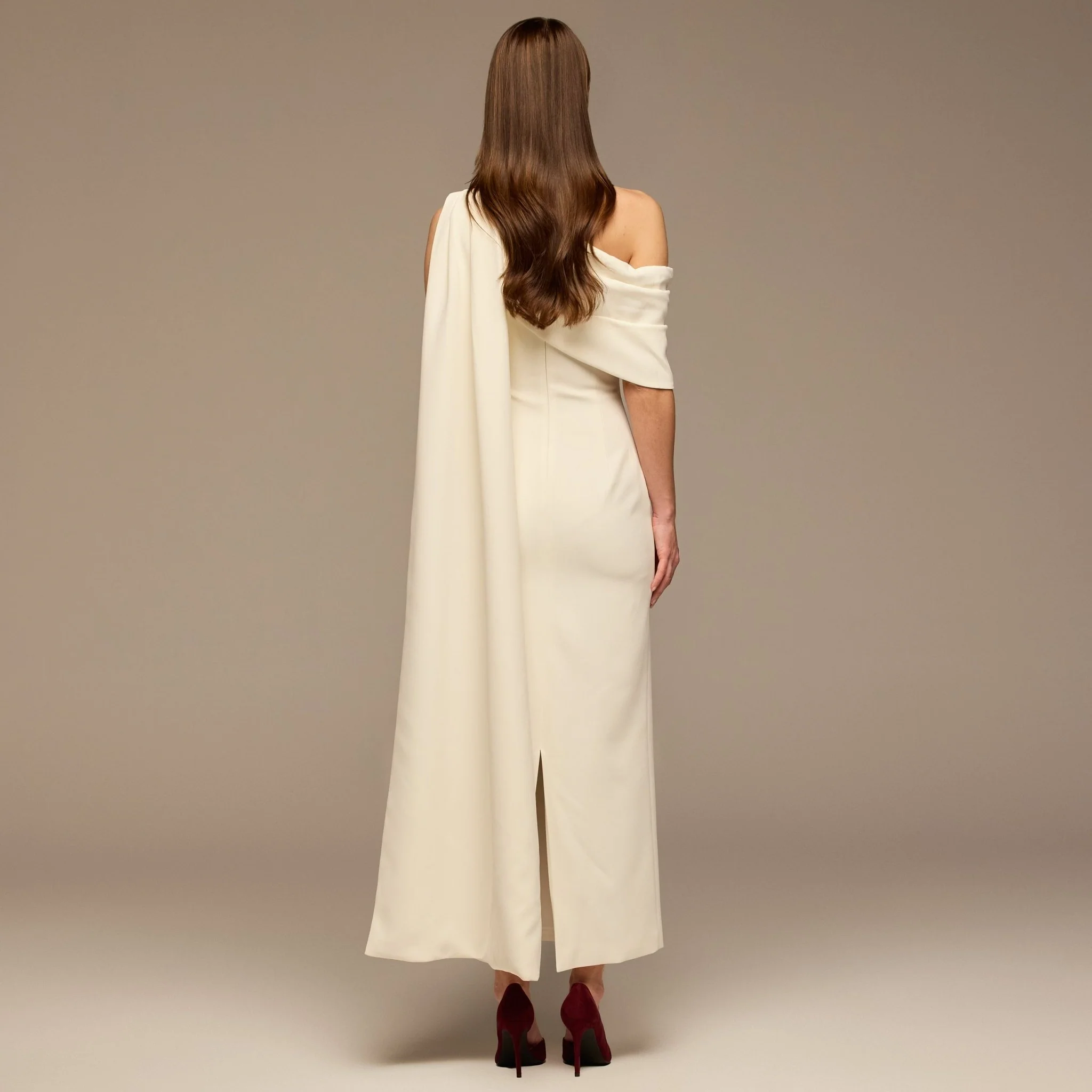 Ivory One-Shoulder Crepe Dress with Scarf - Image 4