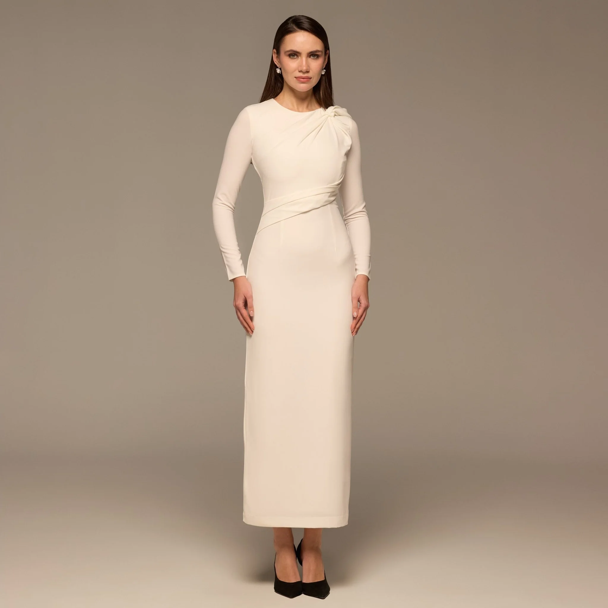 Ivory Gathered Shoulder Crepe Maxi Dress