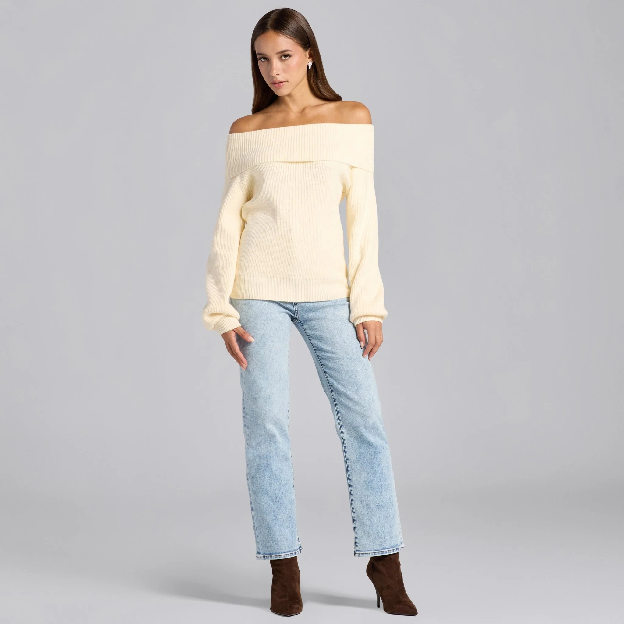 Ivory Knit Fold Off Shoulder Balloon Sleeve Sweater - Image 2