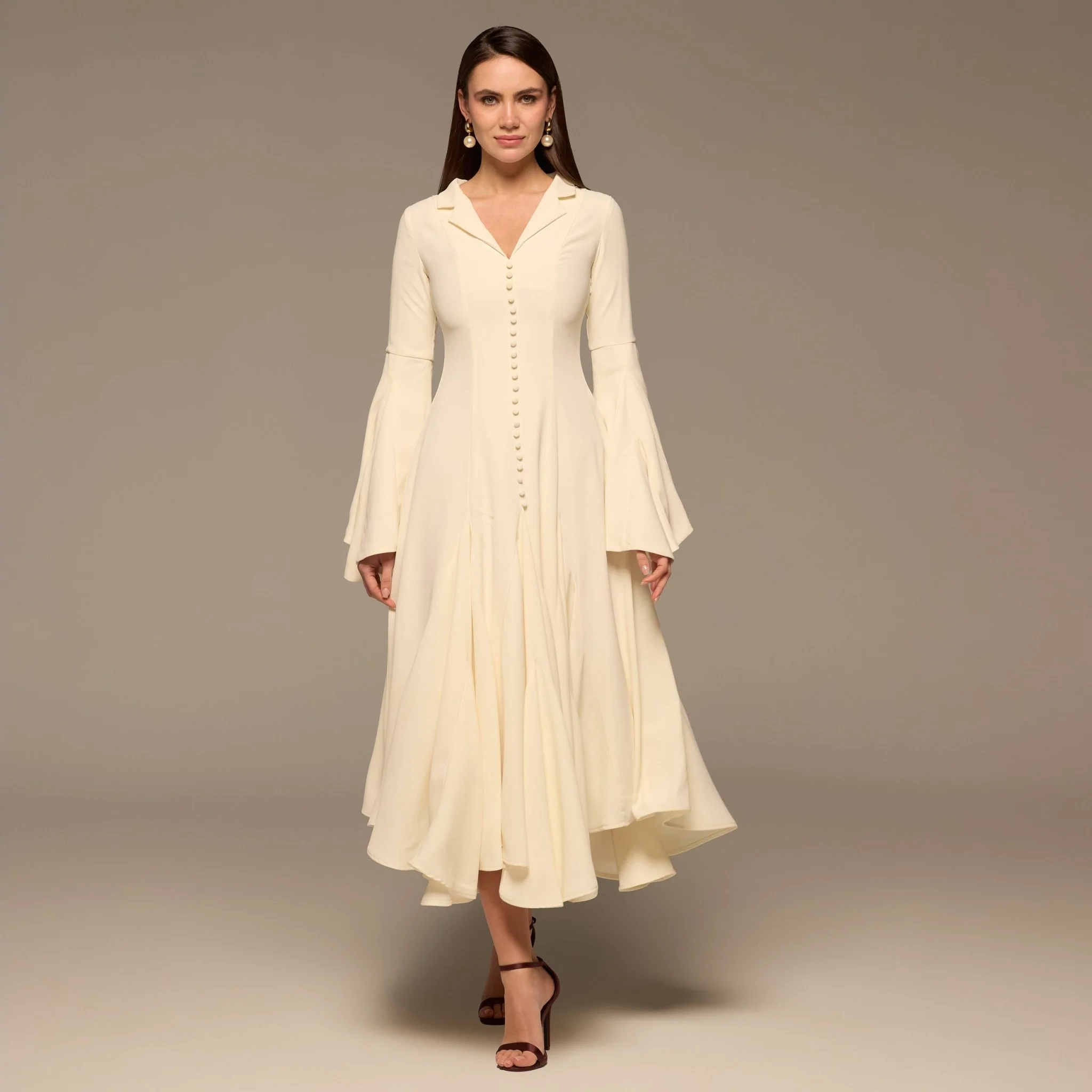 Ivory Lapel Neck Button-Front Crepe Dress