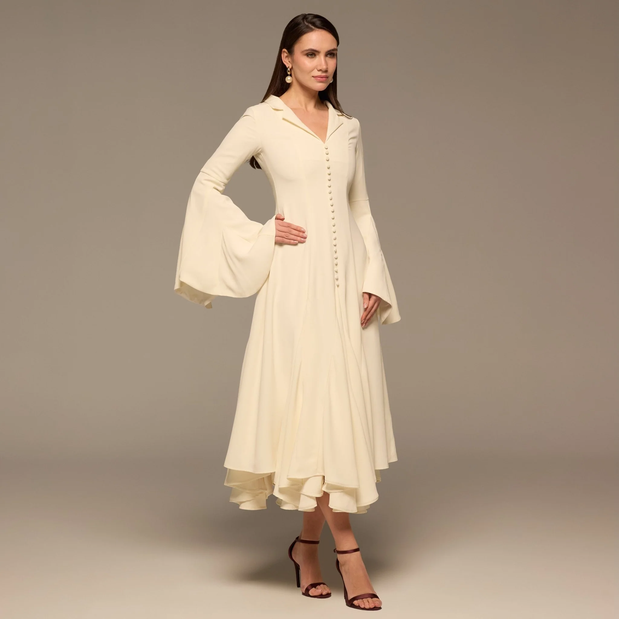 Ivory Lapel Neck Button-Front Crepe Dress - Image 2