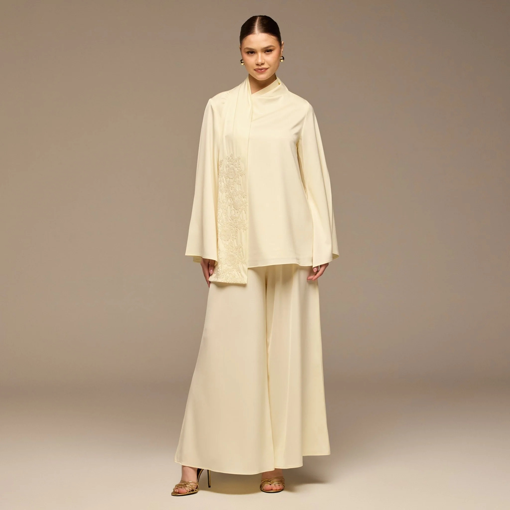 Ivory Embroidered Top and Pants Satin Set