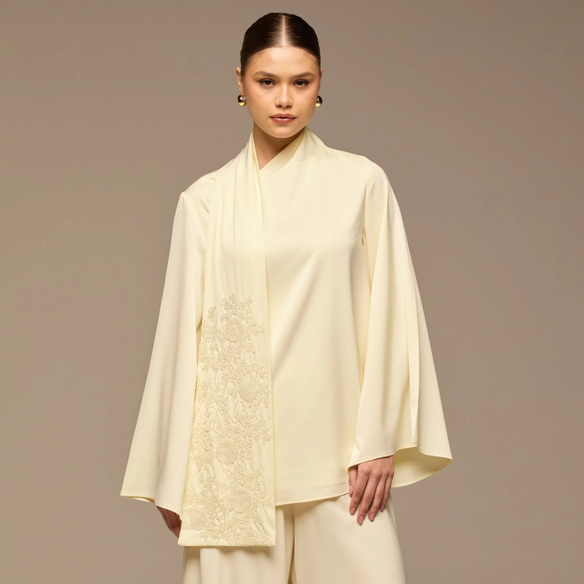 Ivory Embroidered Top and Pants Satin Set - Image 3
