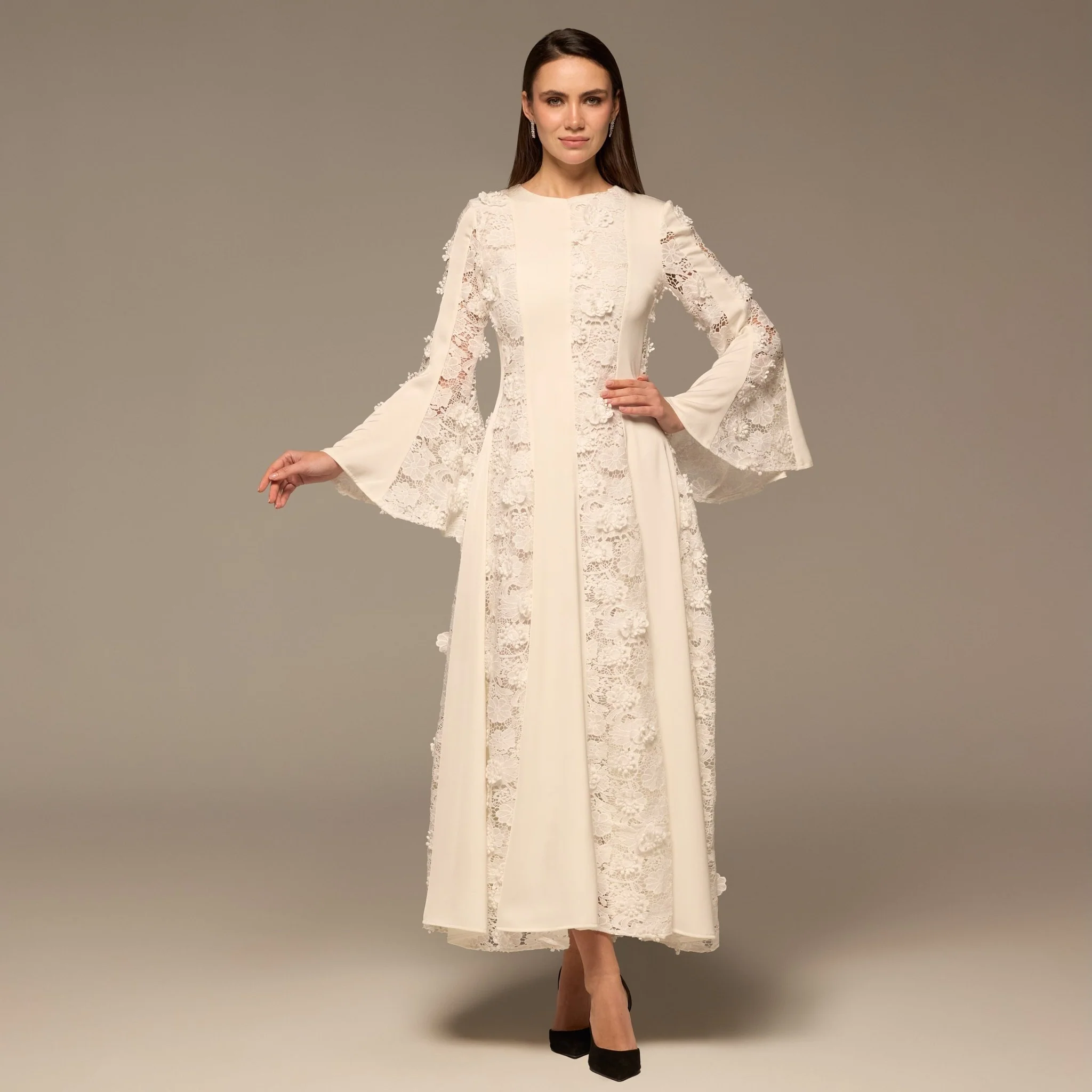 Ivory Satin Long-Sleeve Maxi Dress with Lace Details - Image 2