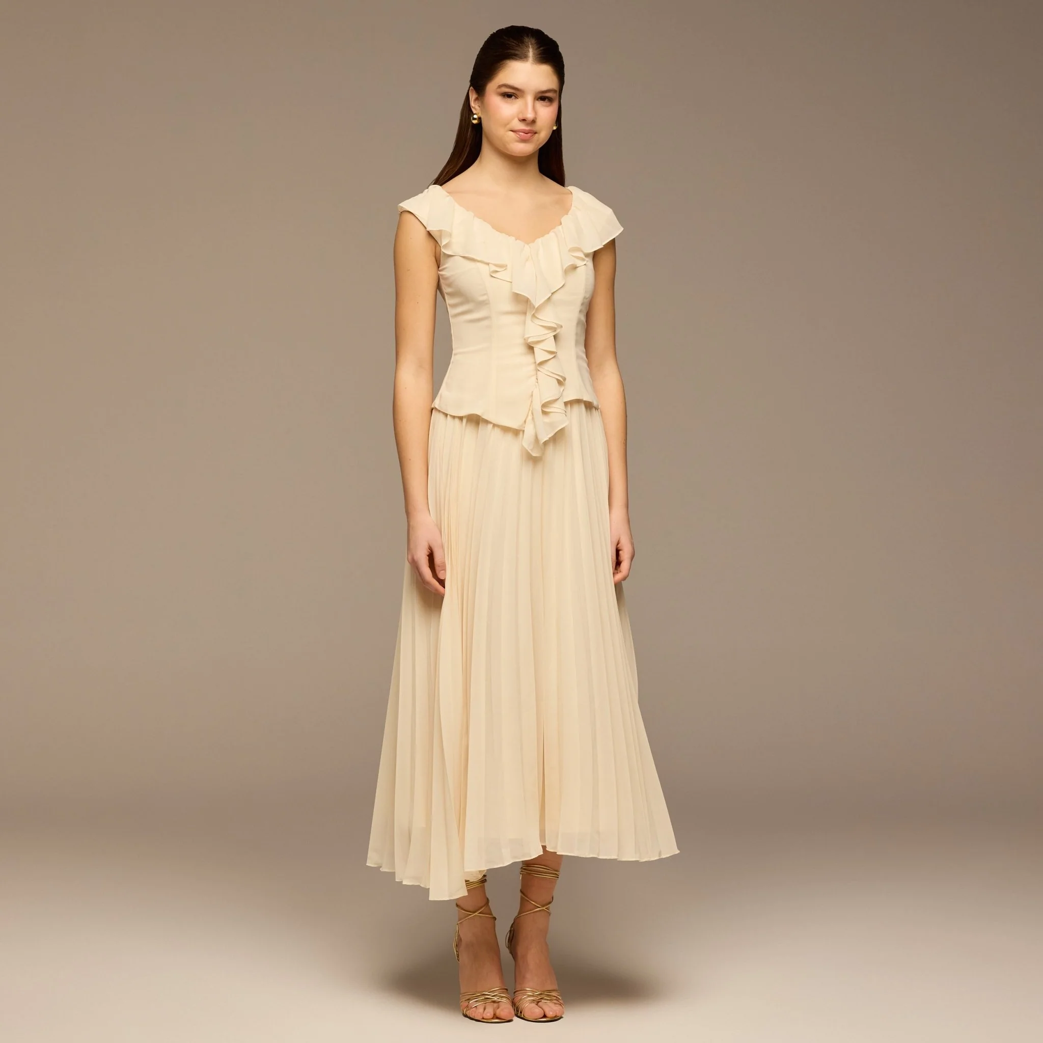 Ivory Ruffle Neck Pleated Chiffon Dress - Image 2