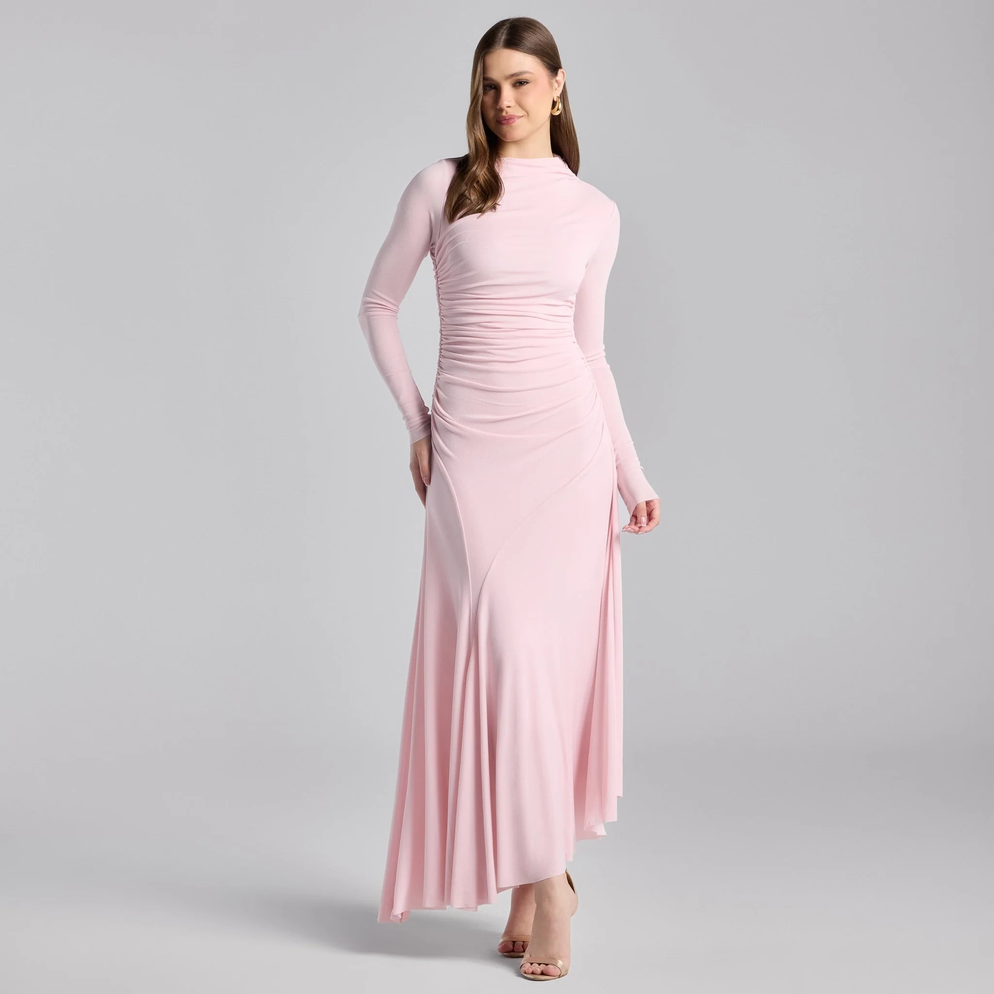 Pink Jersey Asymmetric Neck Midi Dress