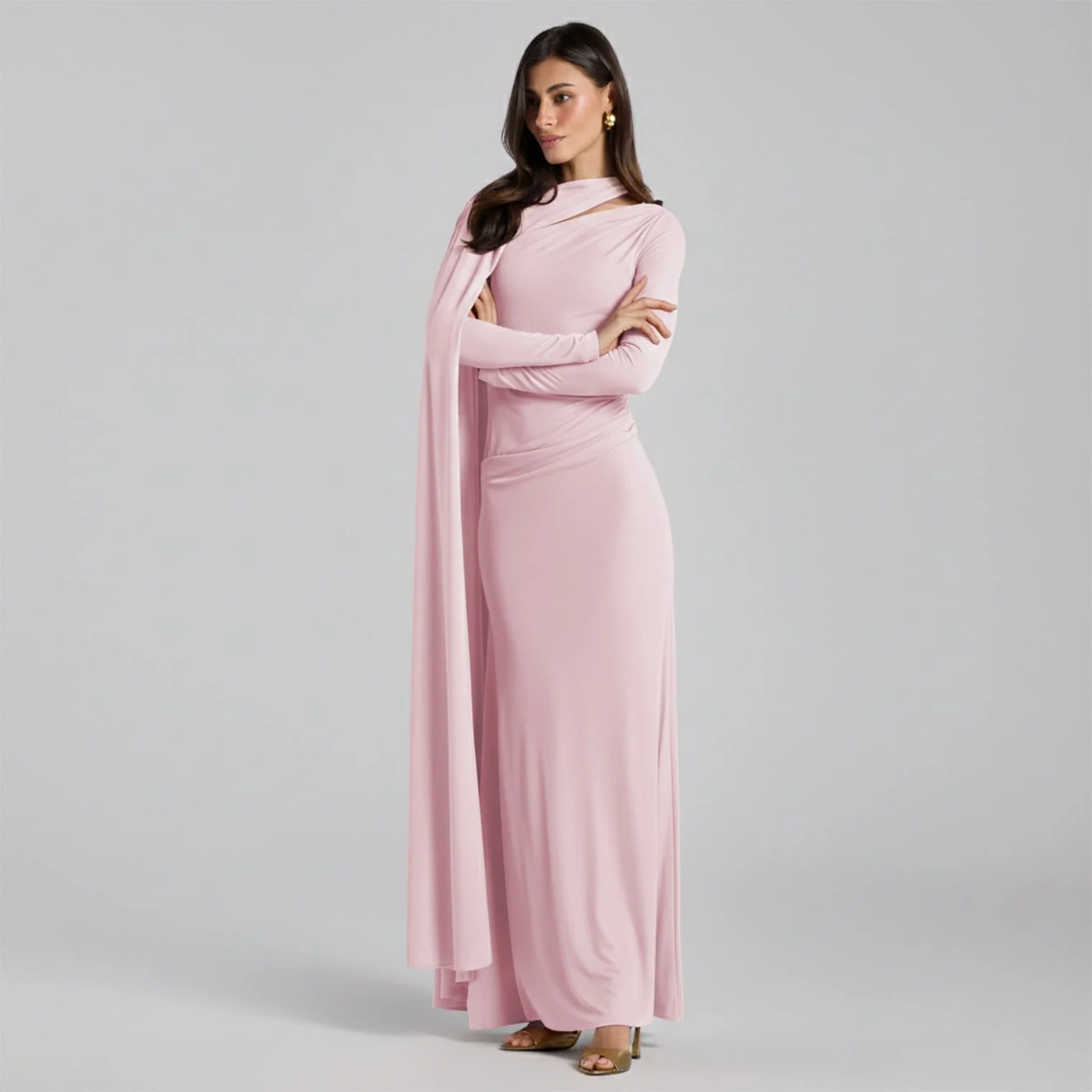 Jersey Draped Maxi Dress with Sleeve Scarf - Image 10