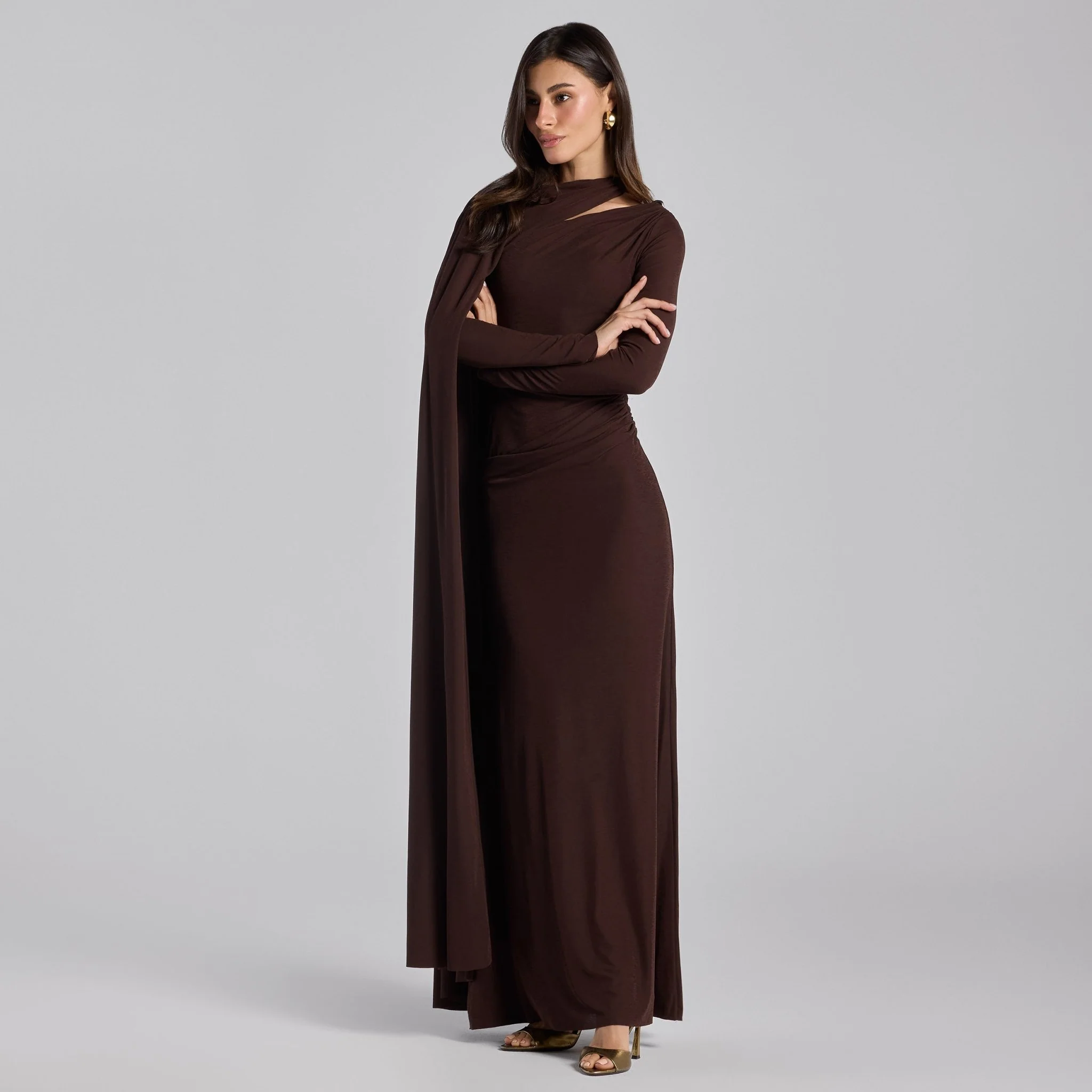 Jersey Draped Maxi Dress with Sleeve Scarf - Image 5
