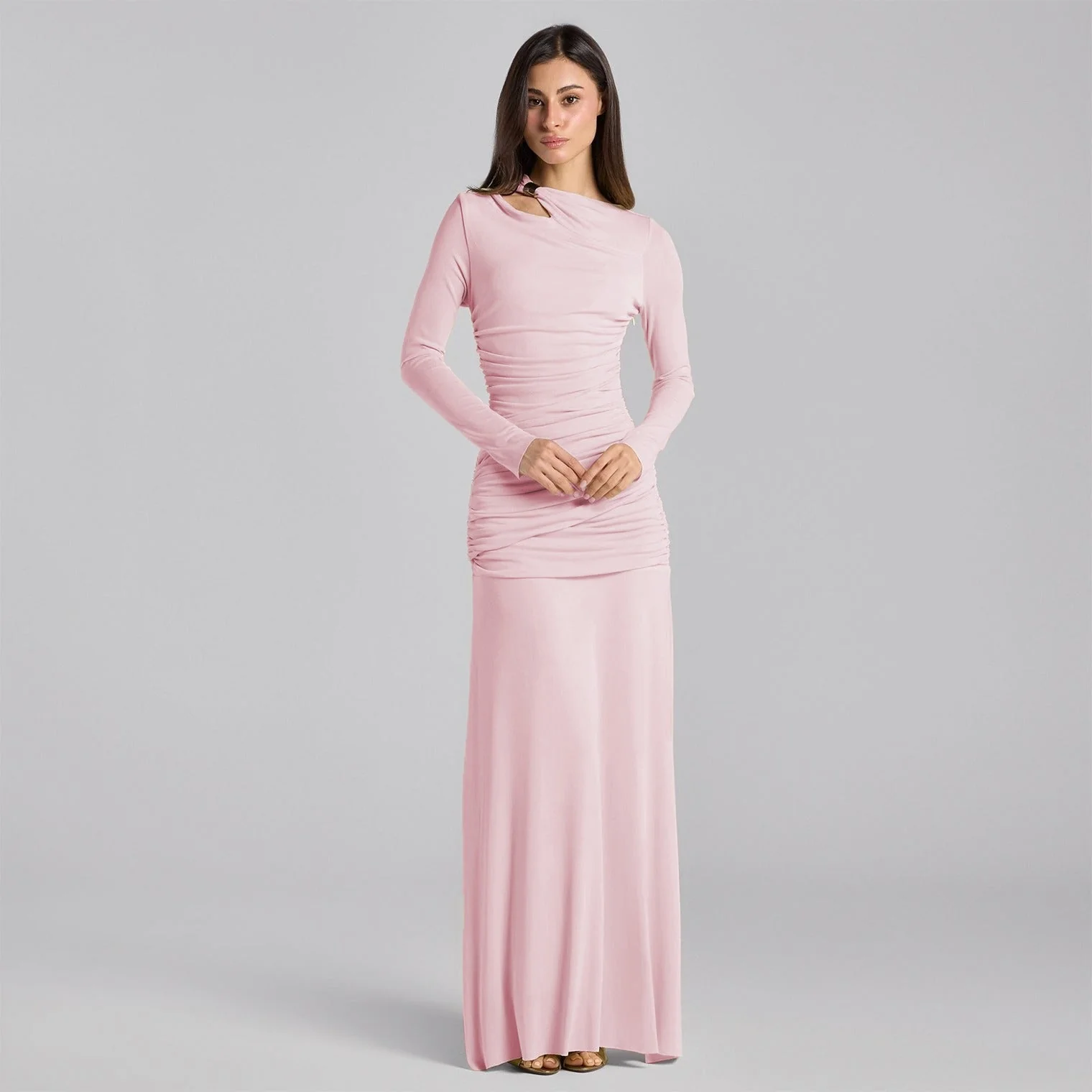 Jersey Gathered Maxi Dress with Gold Accessory - Image 5