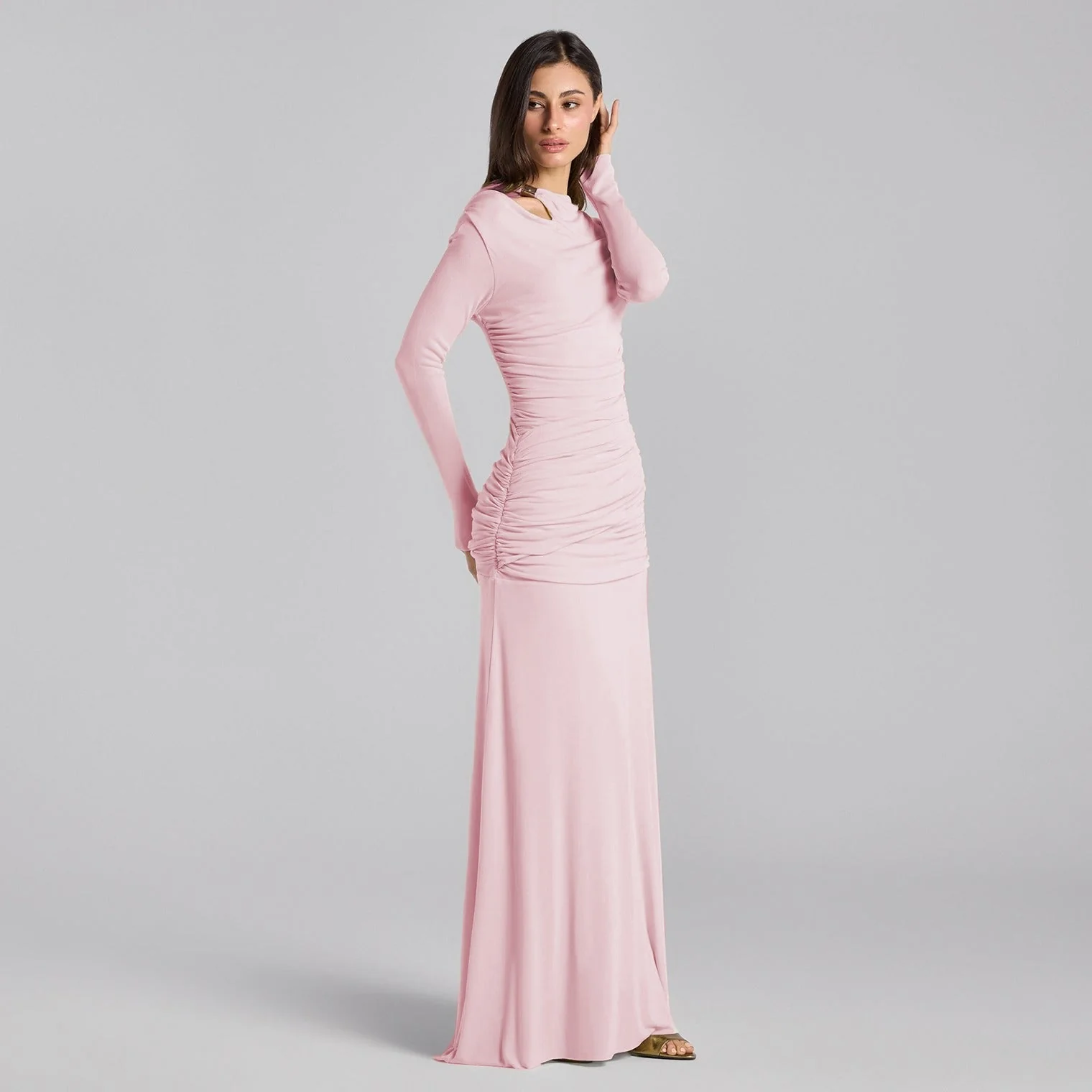 Jersey Gathered Maxi Dress with Gold Accessory - Image 6