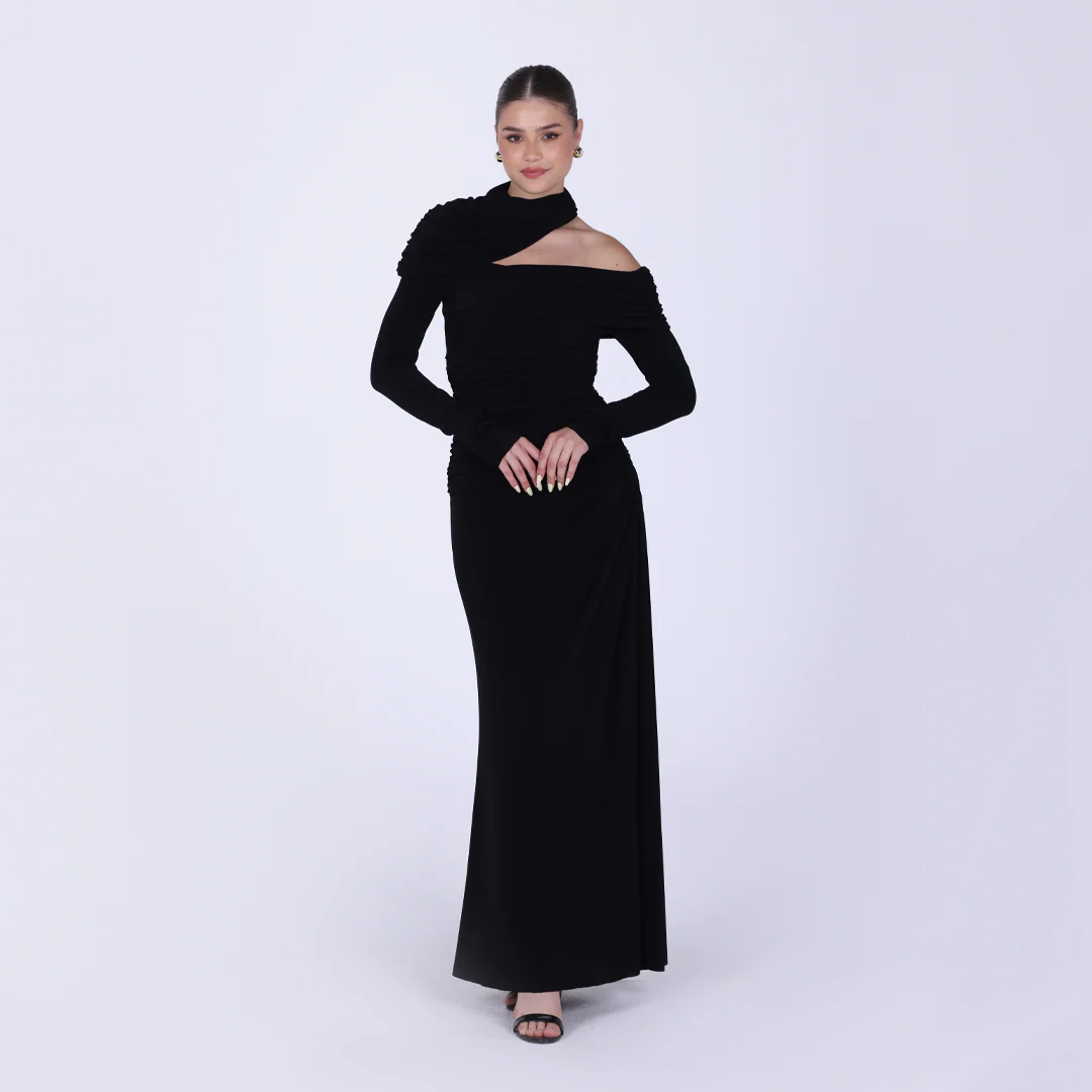 Jersey Gathered Maxi Dress with Shoulder Cut-Out - Image 9
