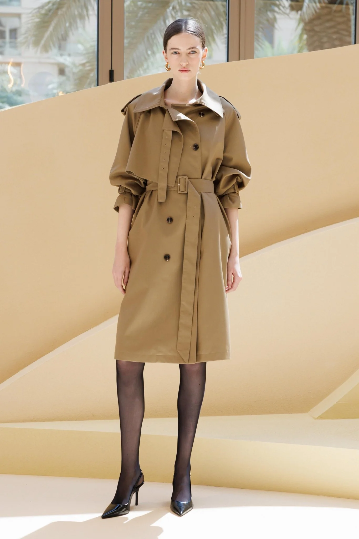 Khaki Belted Twill Trench Coat - Image 5