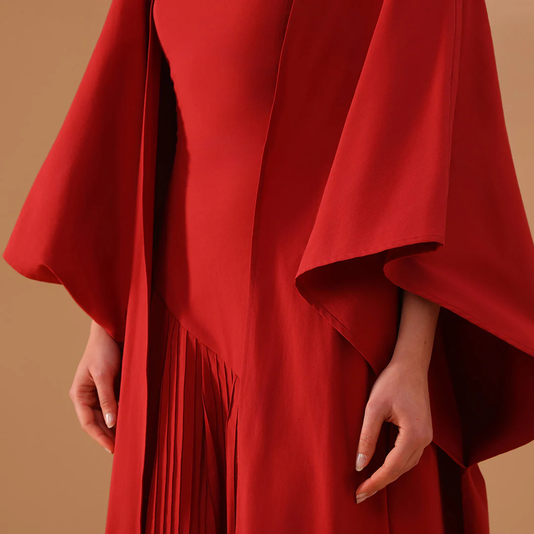 Layered Off-Shoulder Dress with Draped Cape - Image 3