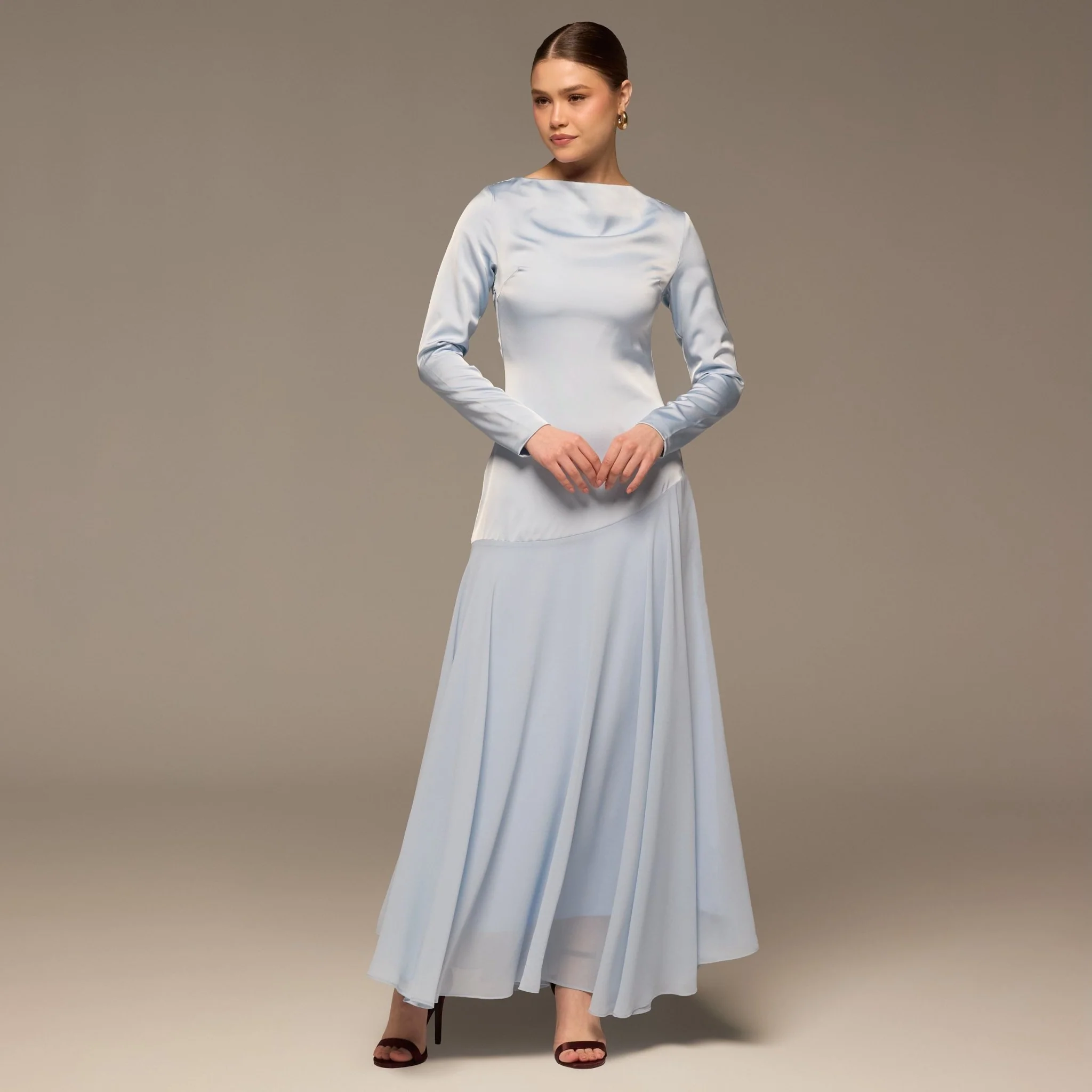 Light Blue Draped Neck Satin & Chiffon Dress - Image 2