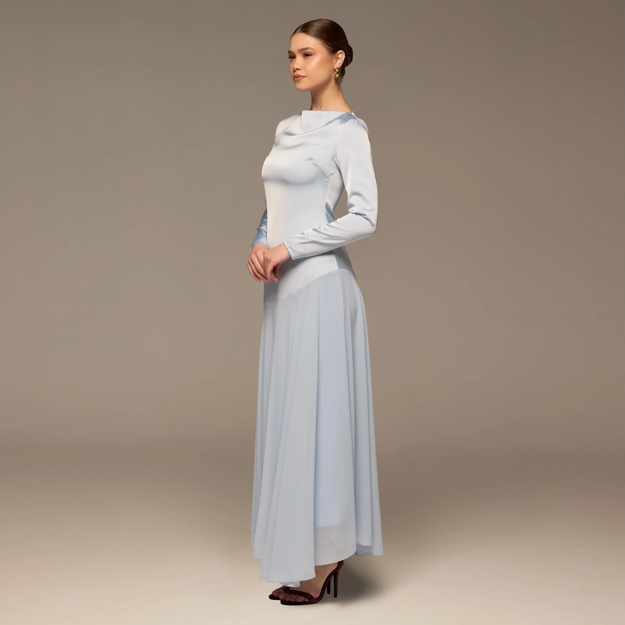 Light Blue Draped Neck Satin & Chiffon Dress - Image 3