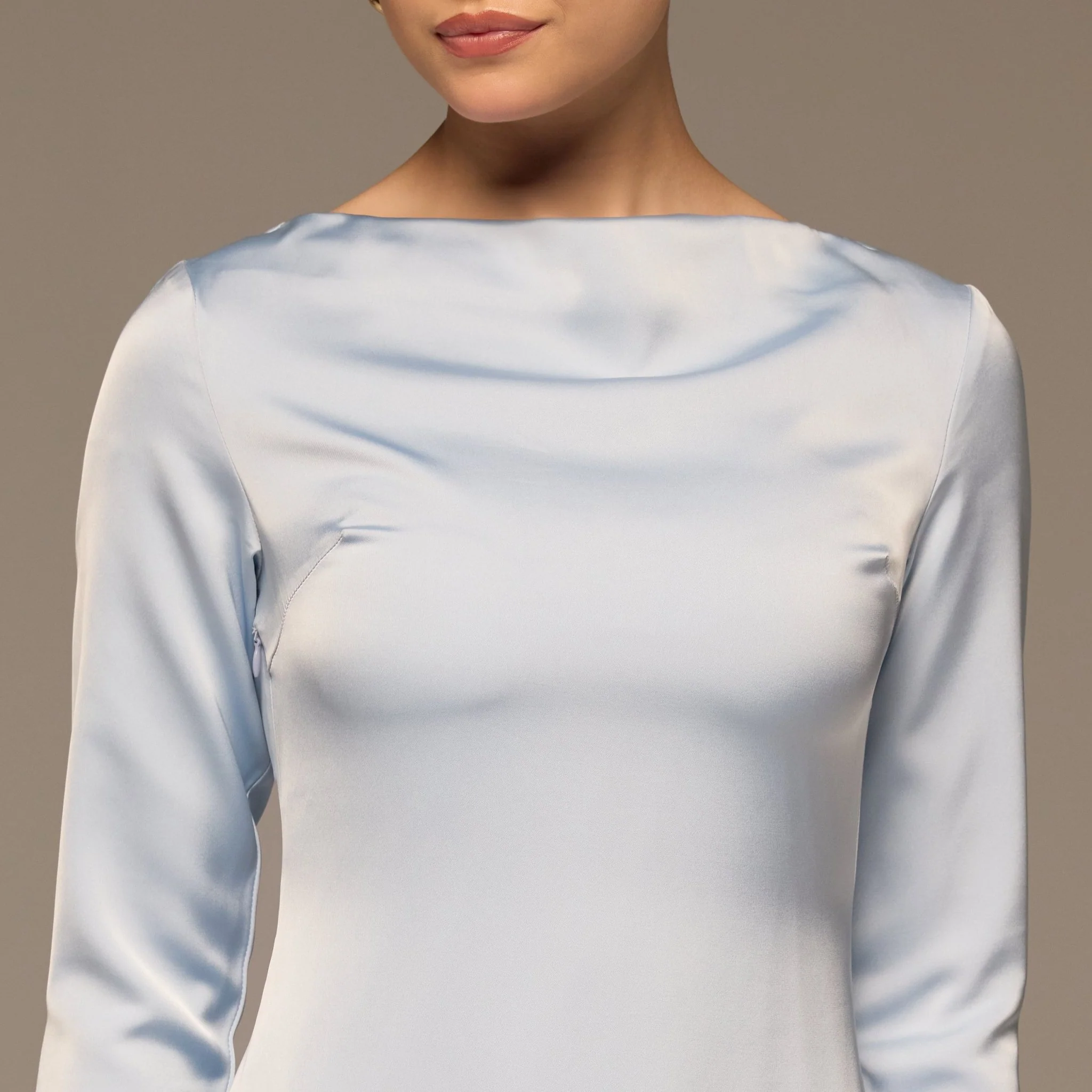 Light Blue Draped Neck Satin & Chiffon Dress - Image 4