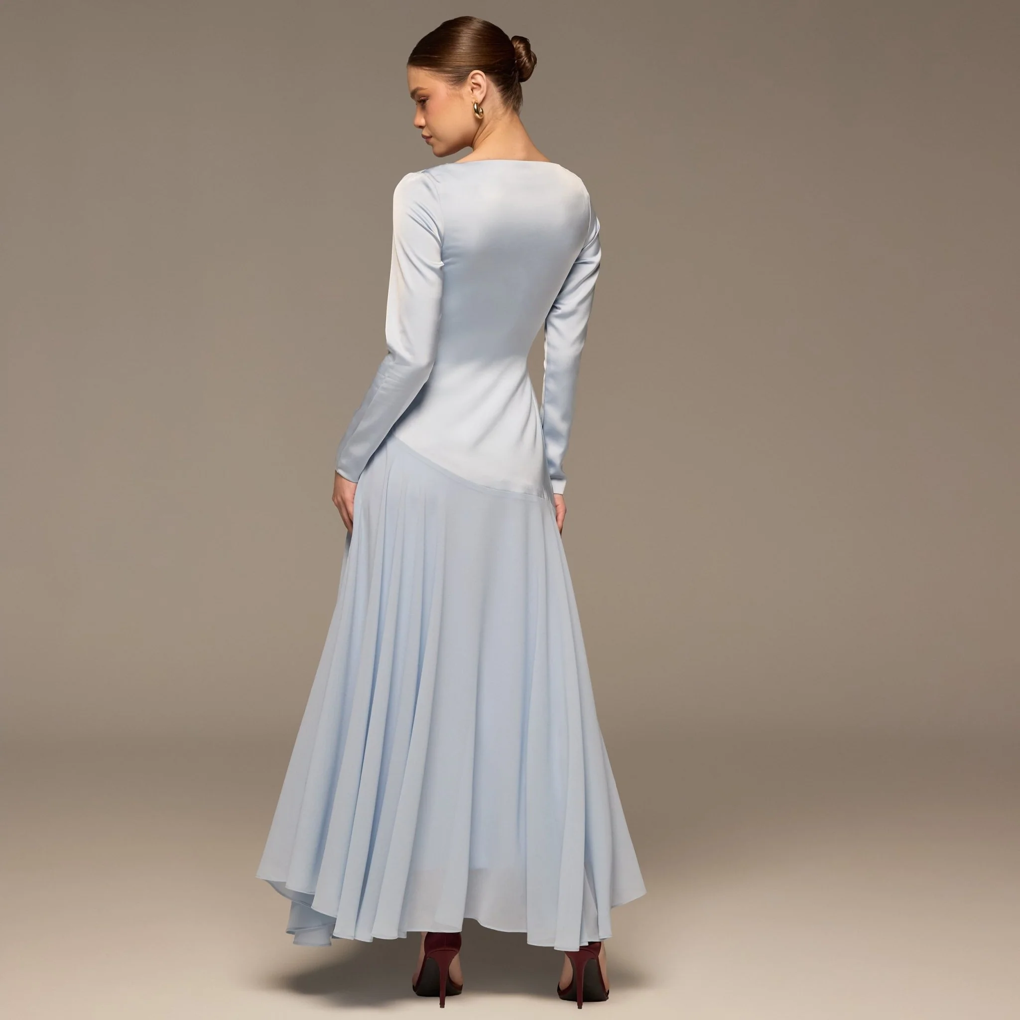 Light Blue Draped Neck Satin & Chiffon Dress - Image 5