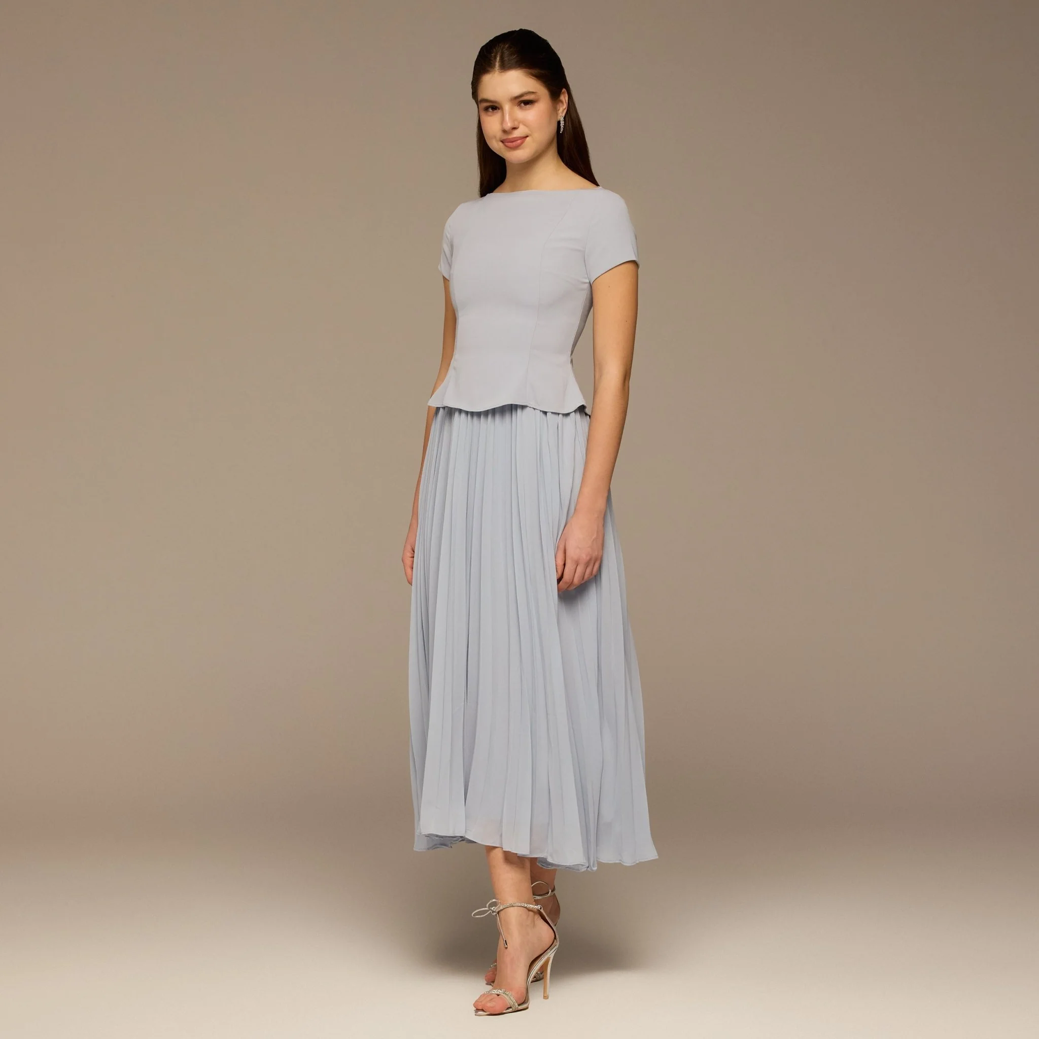 Light Blue Short Sleeve Pleated Crepe & Chiffon Dress - Image 2