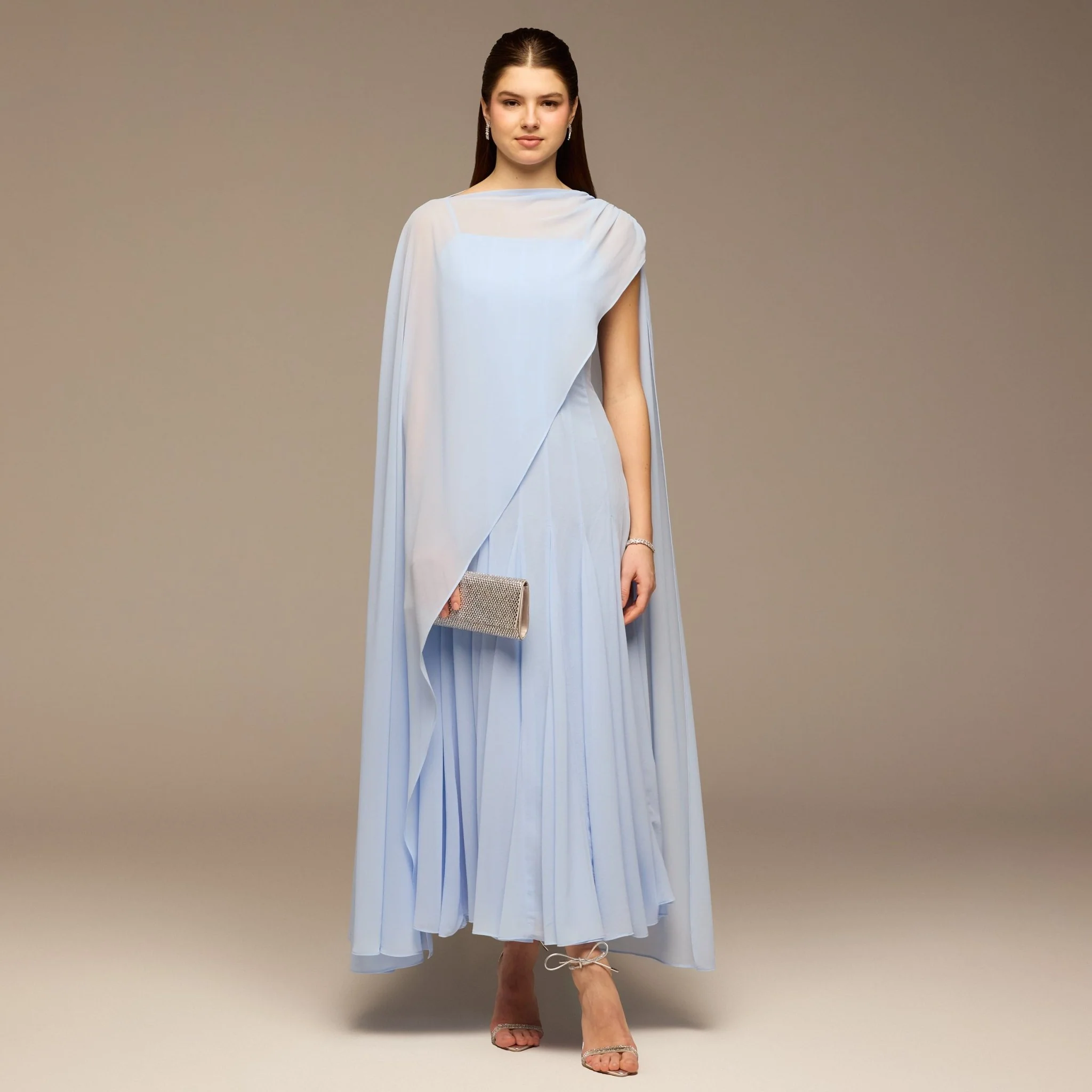 Light Blue Spaghetti Strap Maxi Dress with Sheer Chiffon Cape - Image 2