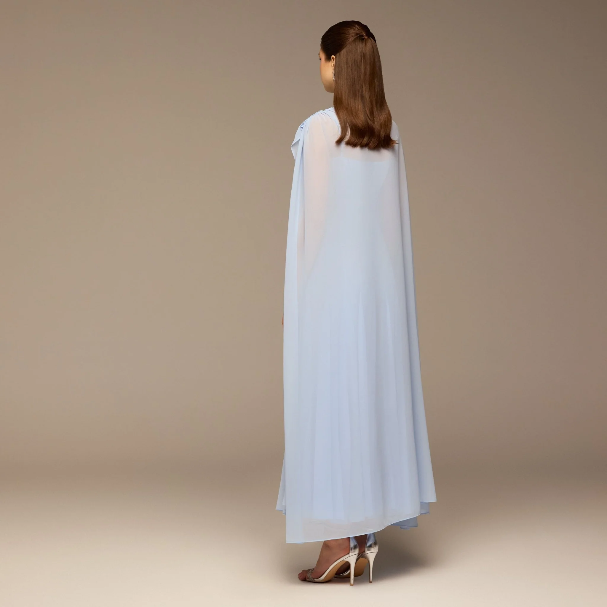 Light Blue Spaghetti Strap Maxi Dress with Sheer Chiffon Cape - Image 5
