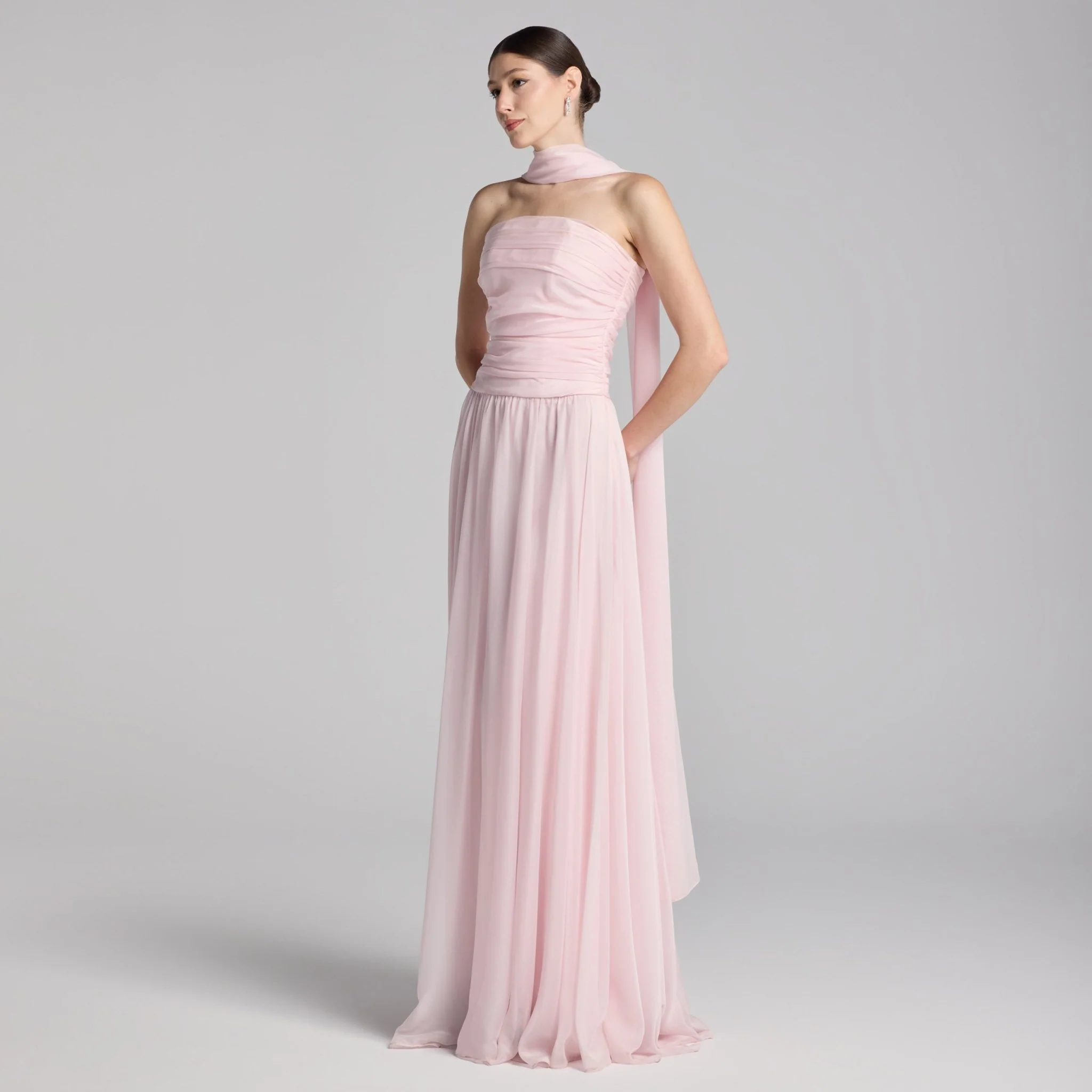 Light Pink Chiffon Strapless Maxi Dress with Scarf - Image 2