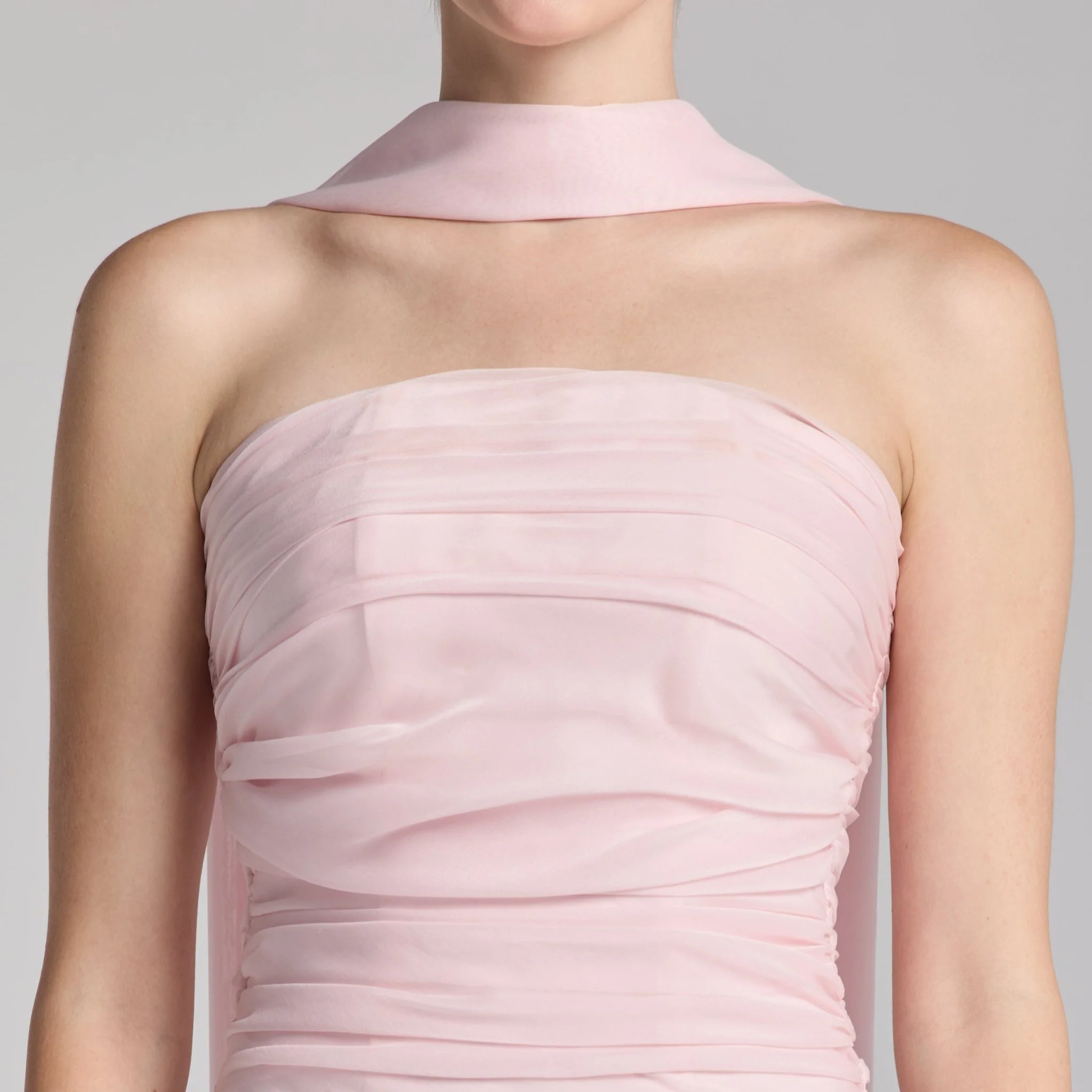Light Pink Chiffon Strapless Maxi Dress with Scarf - Image 3