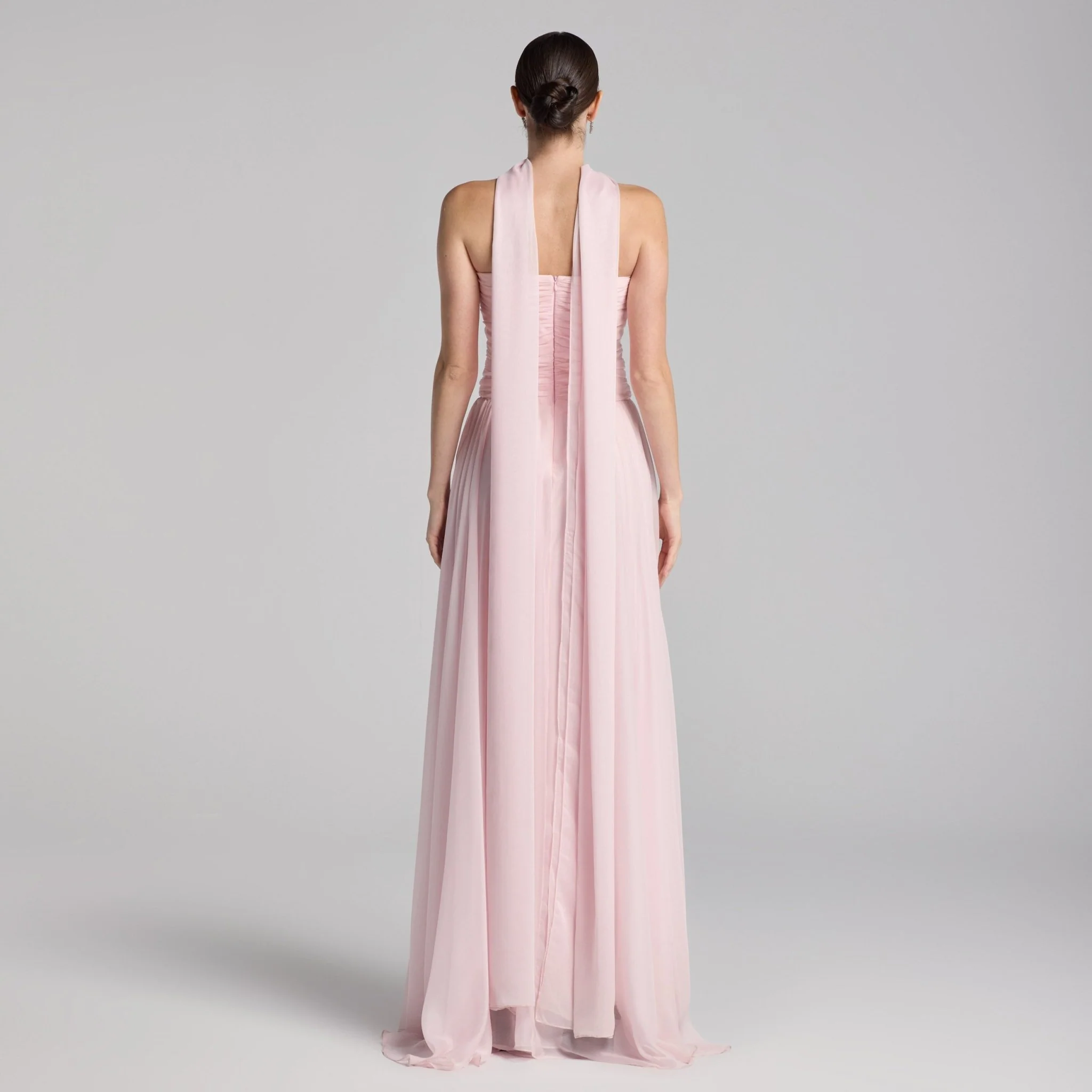 Light Pink Chiffon Strapless Maxi Dress with Scarf - Image 4