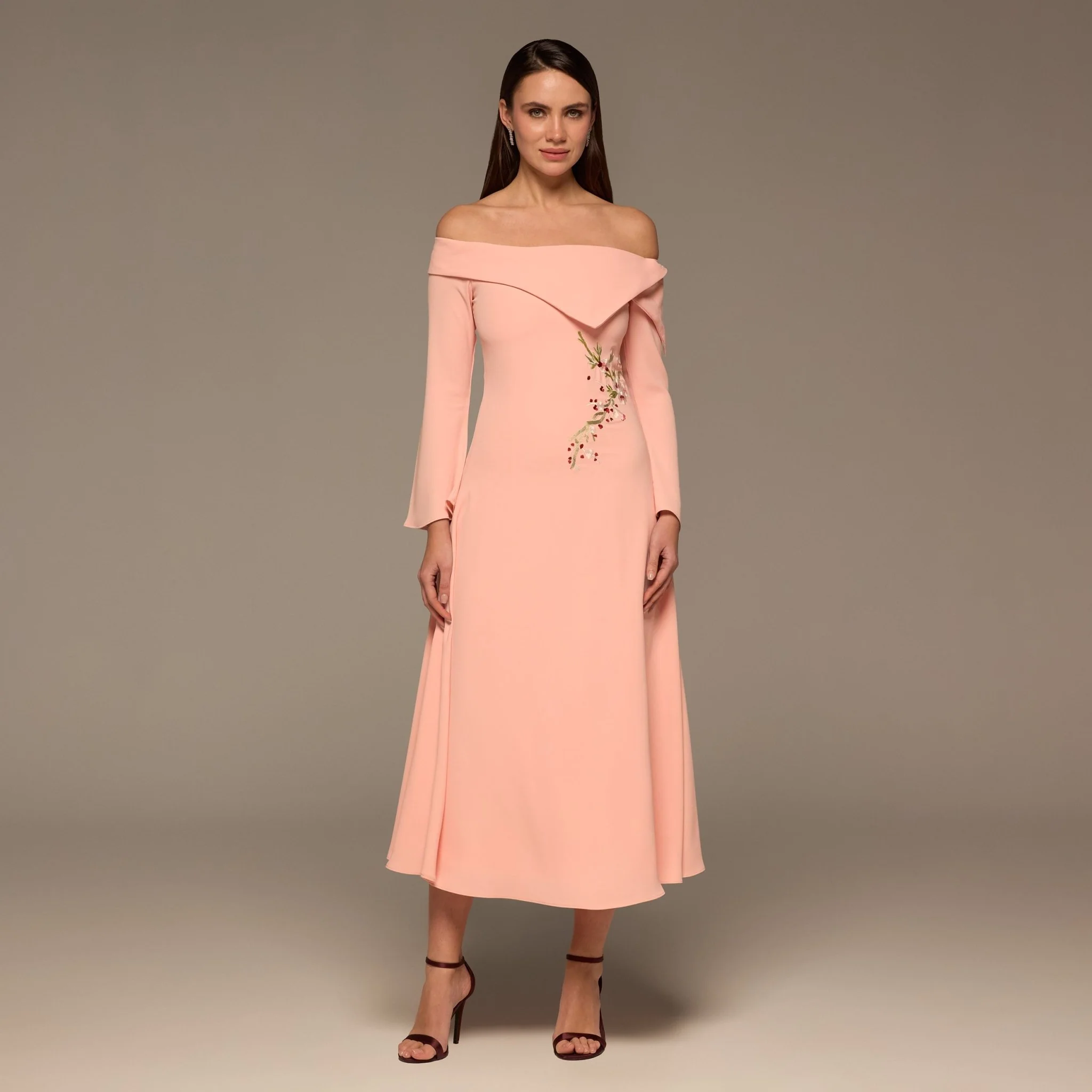 Light Pink Embroidered Fold-Neck Crepe Dress