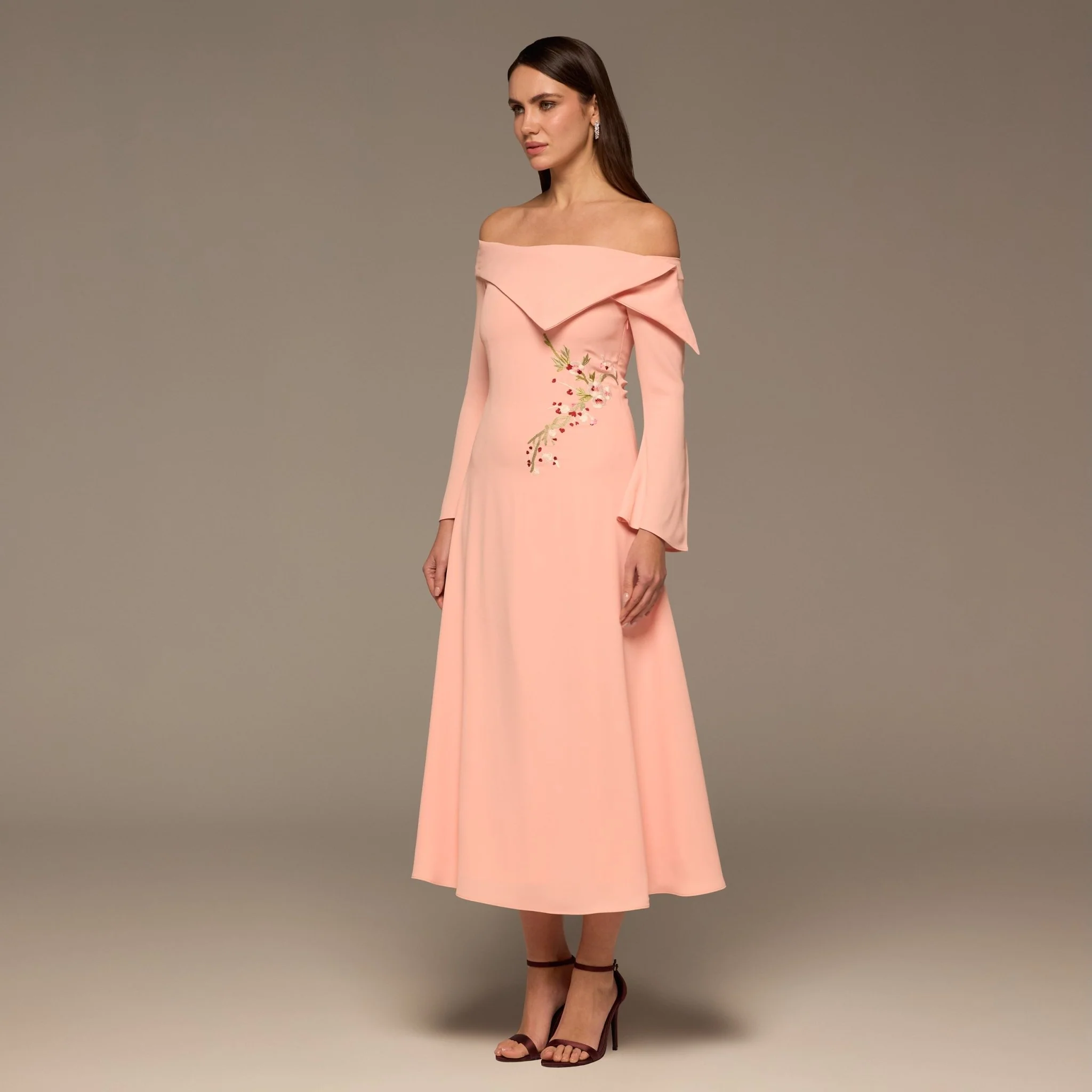 Light Pink Embroidered Fold-Neck Crepe Dress - Image 2