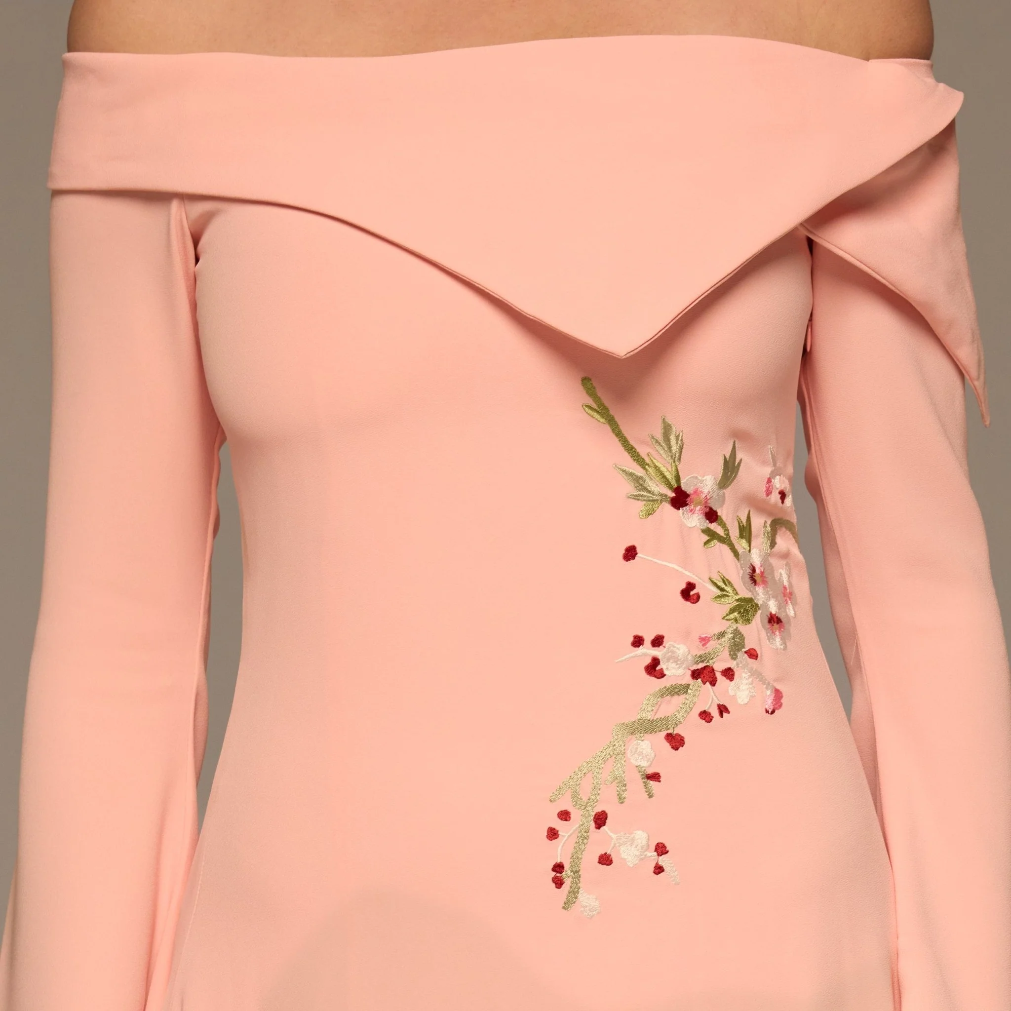 Light Pink Embroidered Fold-Neck Crepe Dress - Image 3