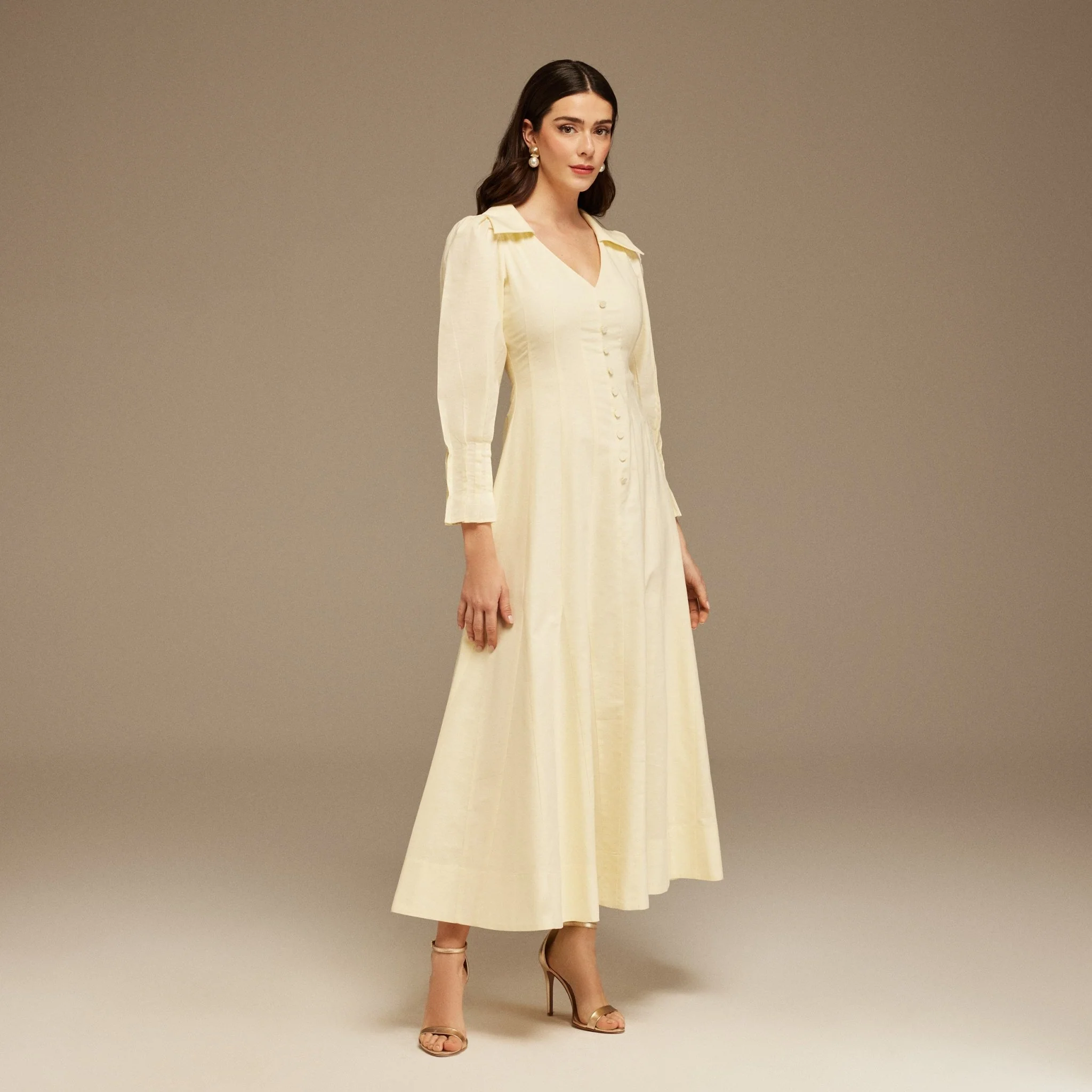 Light Yellow Long Sleeve Shirt Maxi Dress - Image 2