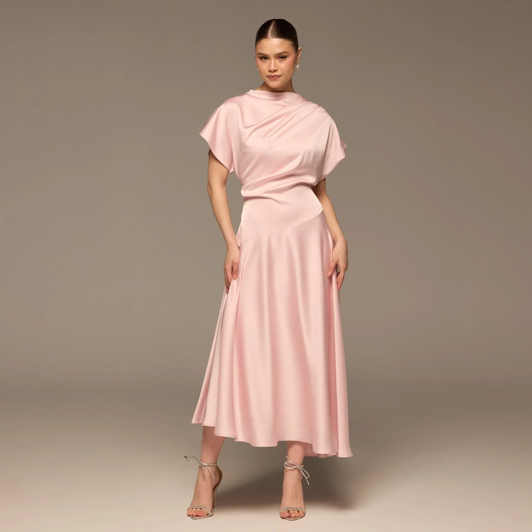 Light Pink Short Sleeve Asymmetric Satin Dress
