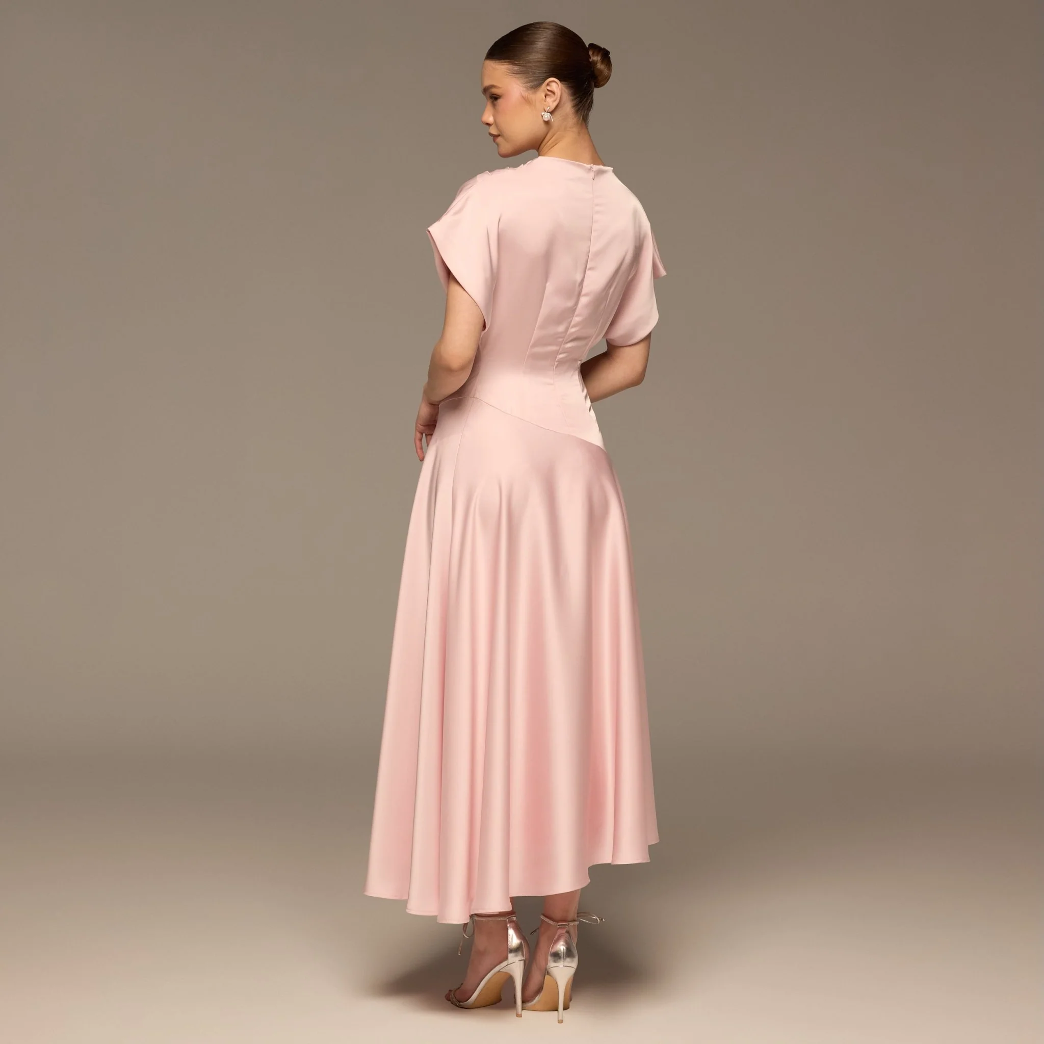 Light Pink Short Sleeve Asymmetric Satin Dress - Image 5