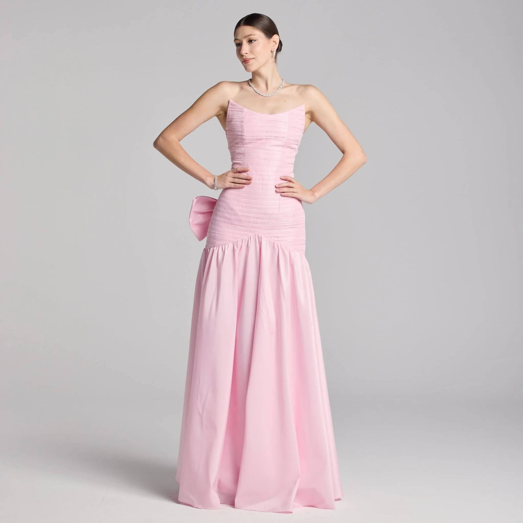 Light Pink Strapless Ruched Taffeta Gown - Image 2