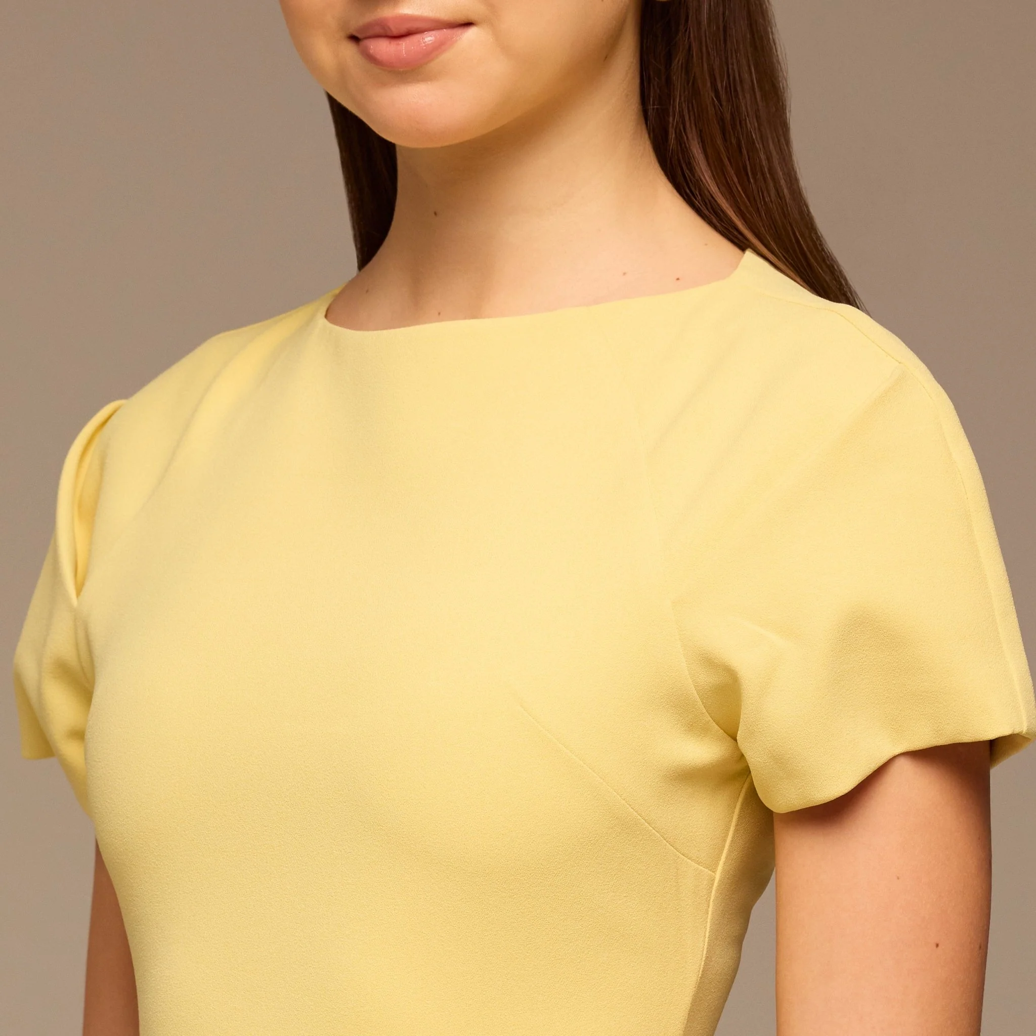 Light Yellow Short Sleeve Crepe Dress - Image 3