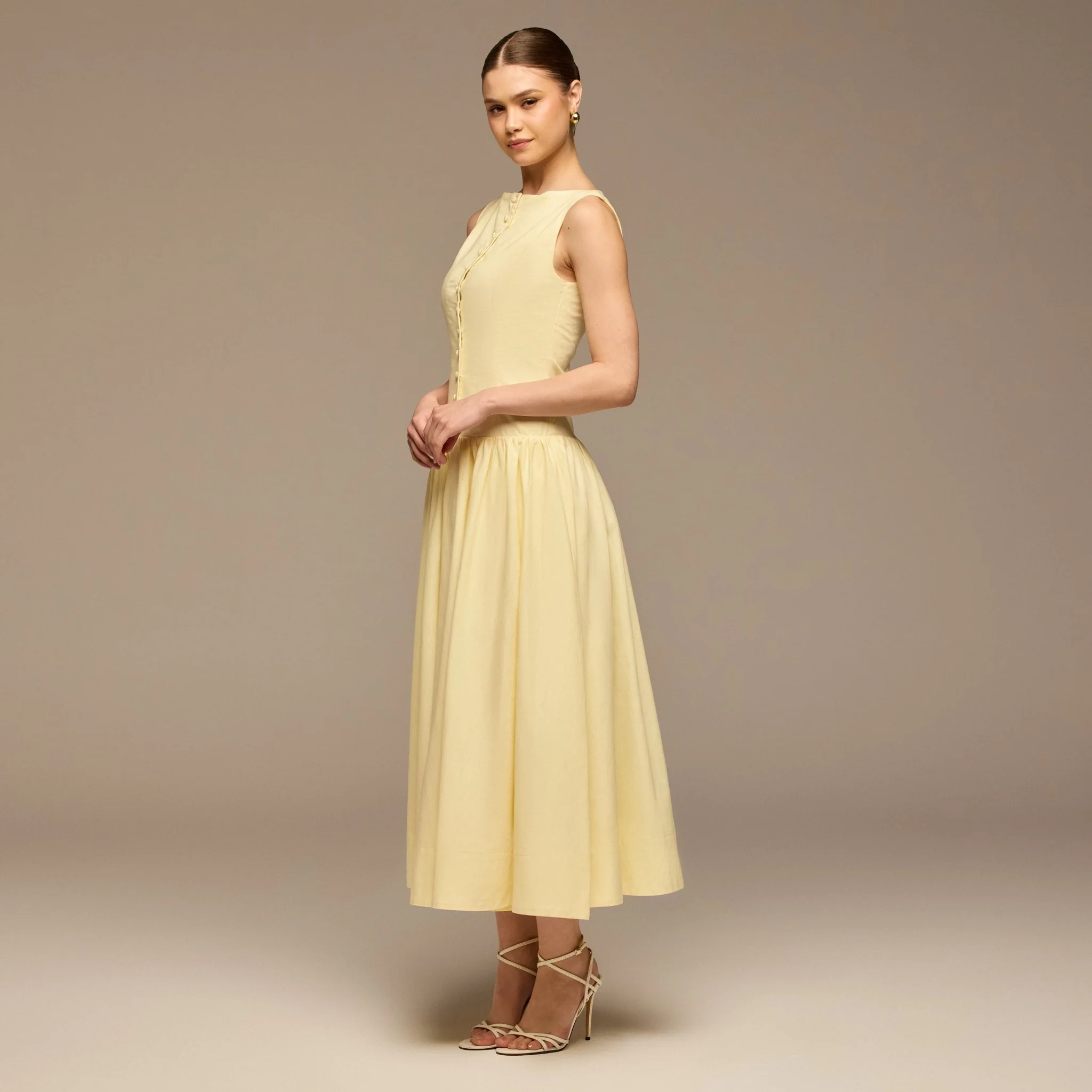 Light Yellow Button-Front Linen Midi Dress - Image 2