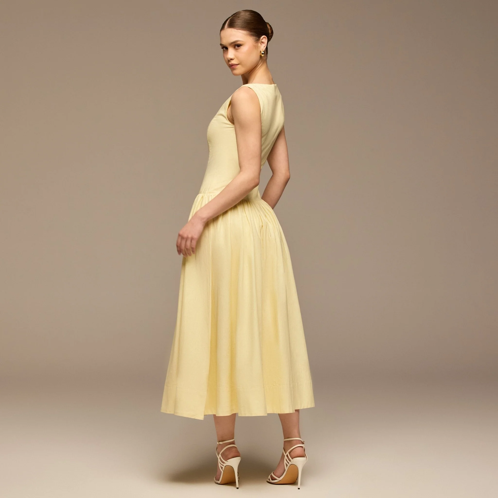 Light Yellow Button-Front Linen Midi Dress - Image 4