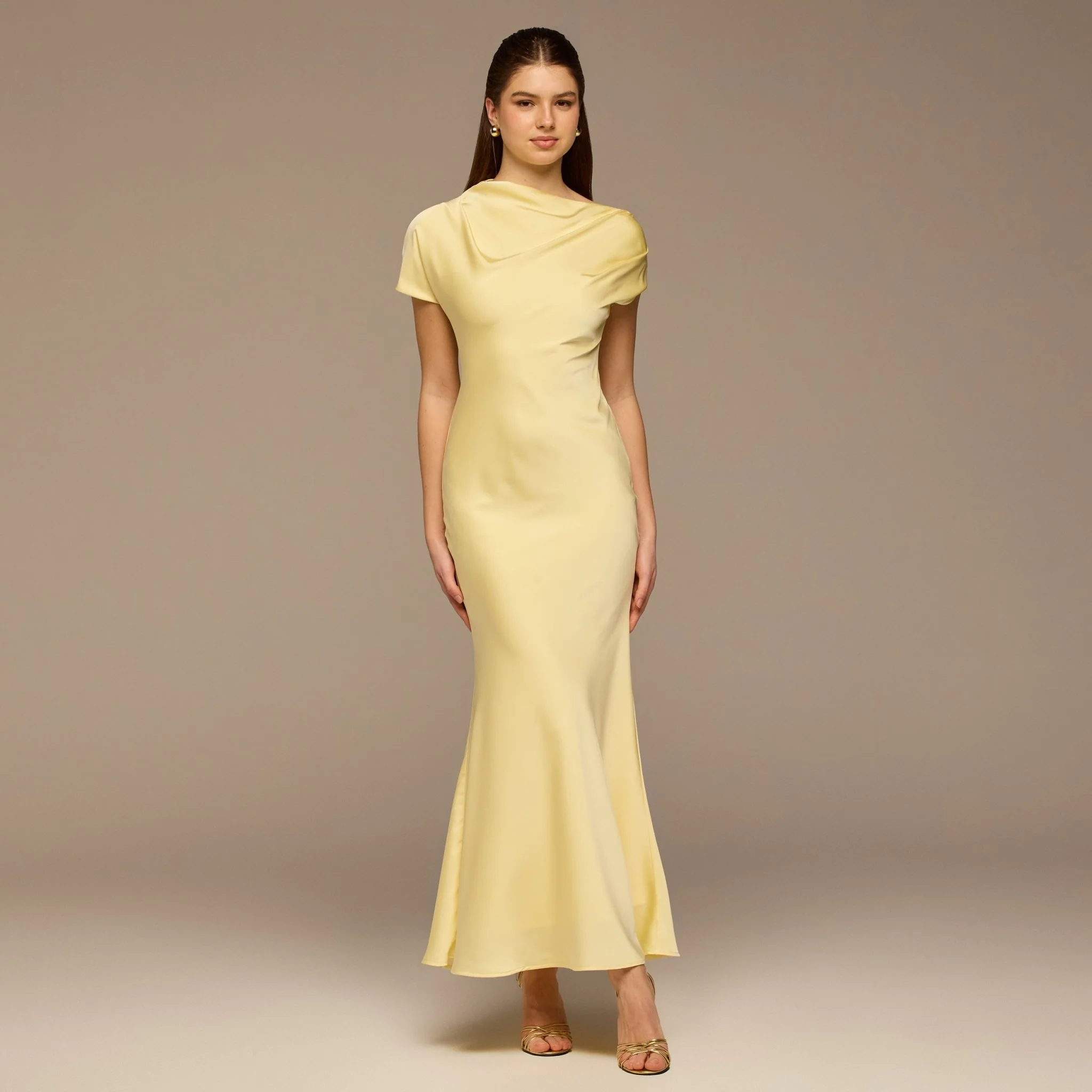 Light Yellow Draped Neckline Satin Maxi Dress