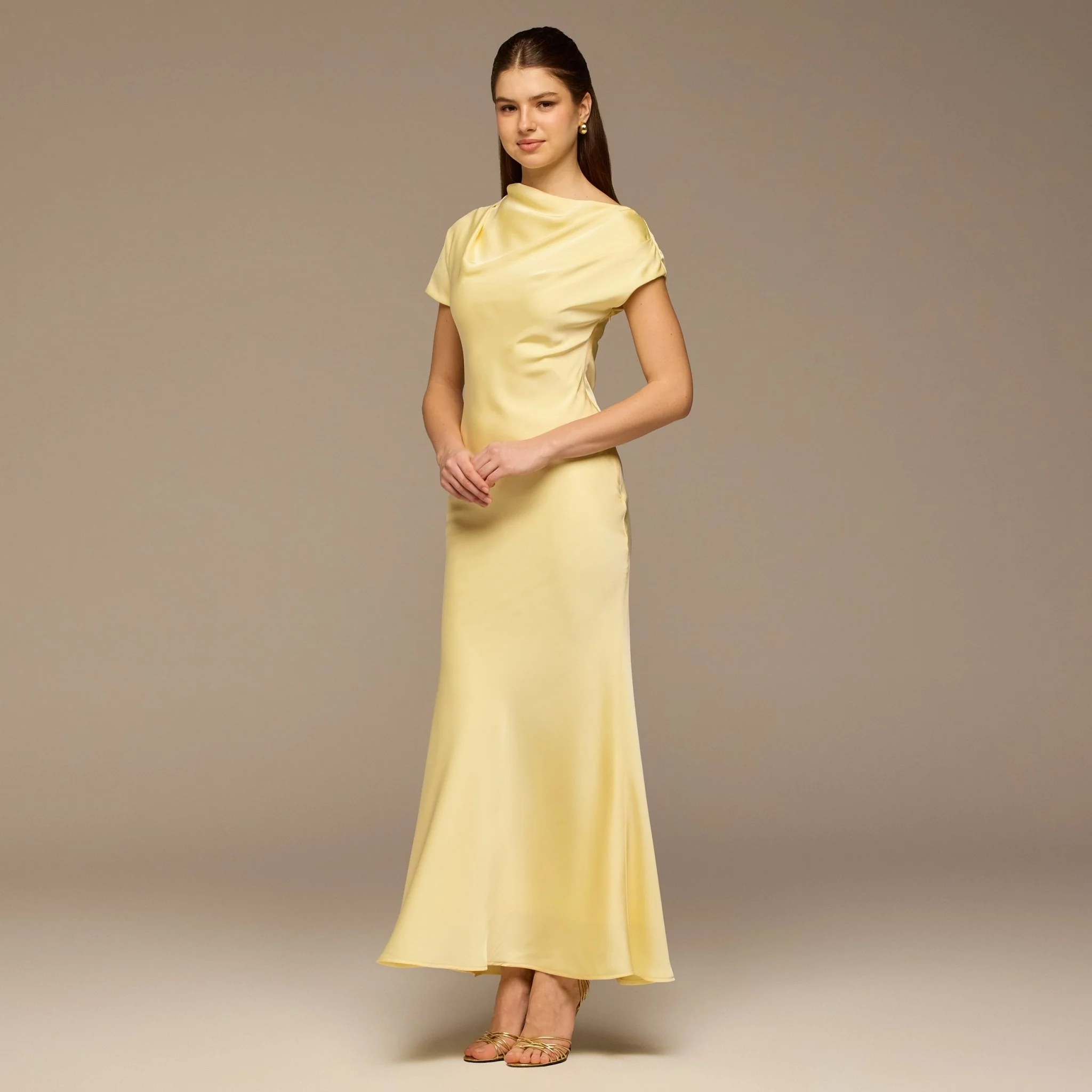 Light Yellow Draped Neckline Satin Maxi Dress - Image 2