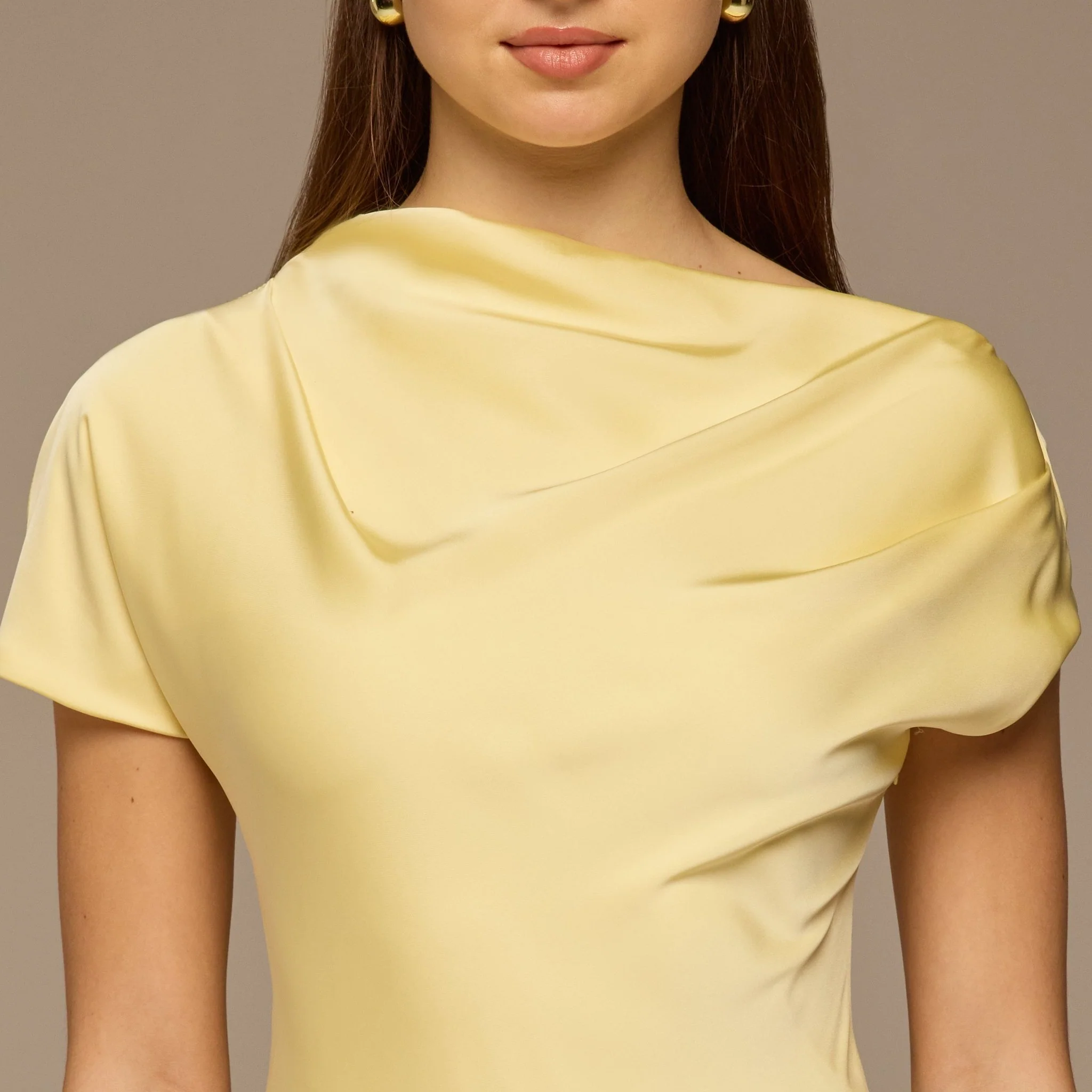 Light Yellow Draped Neckline Satin Maxi Dress - Image 3