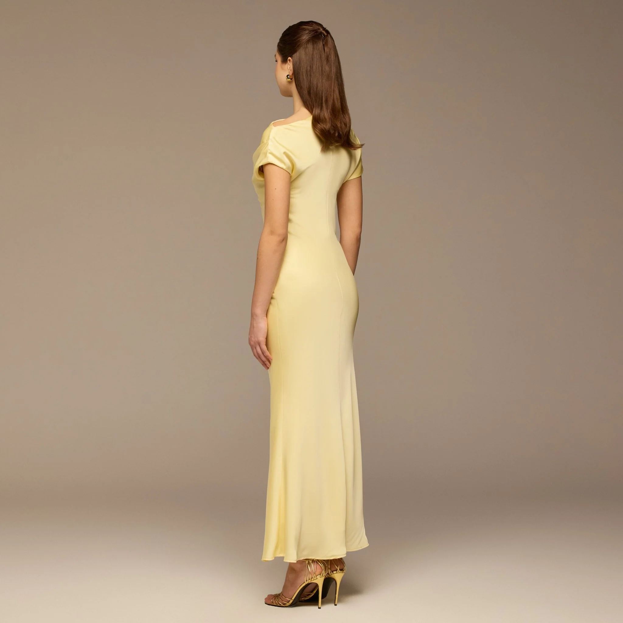 Light Yellow Draped Neckline Satin Maxi Dress - Image 4