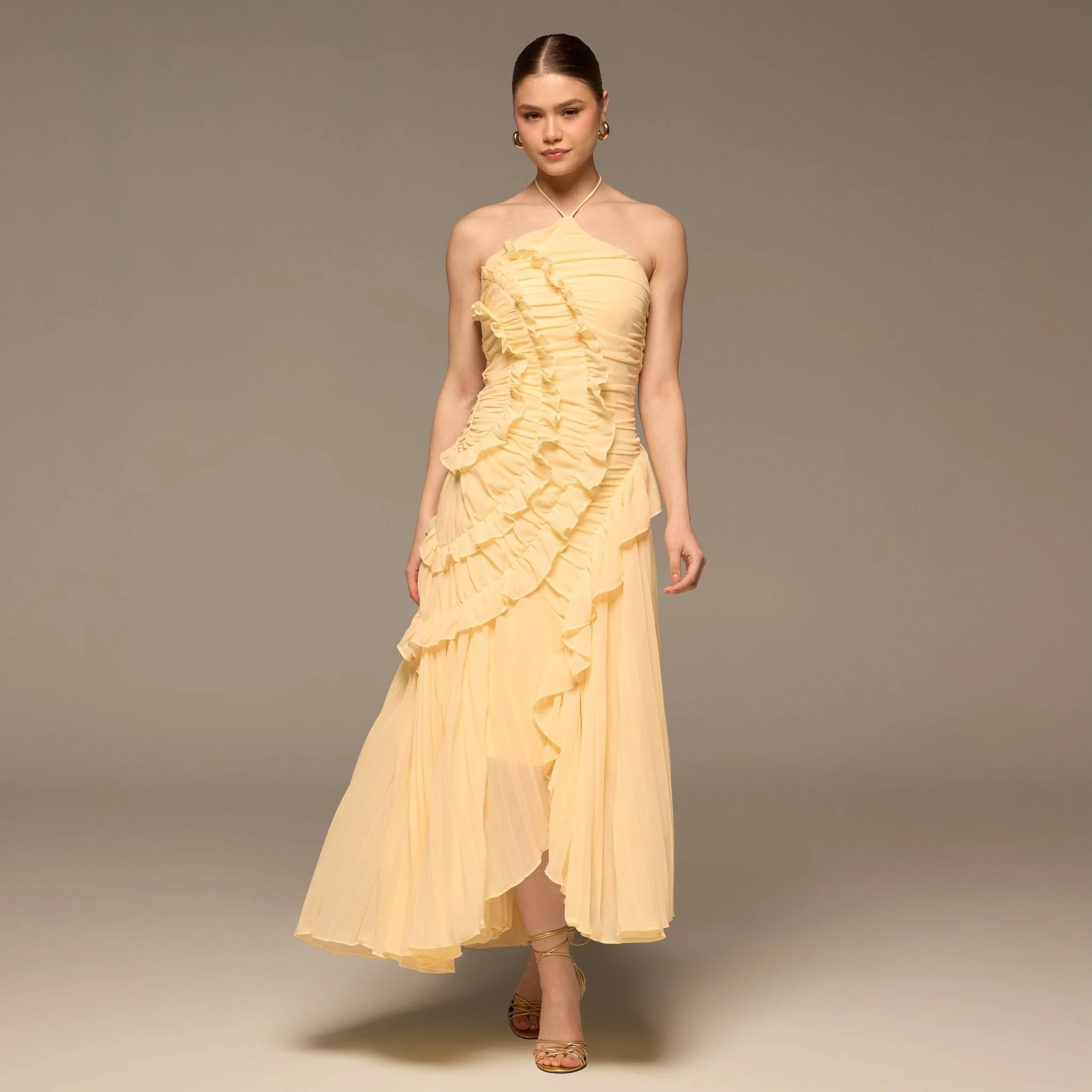 Light Yellow Halter Ruffle Chiffon Dress