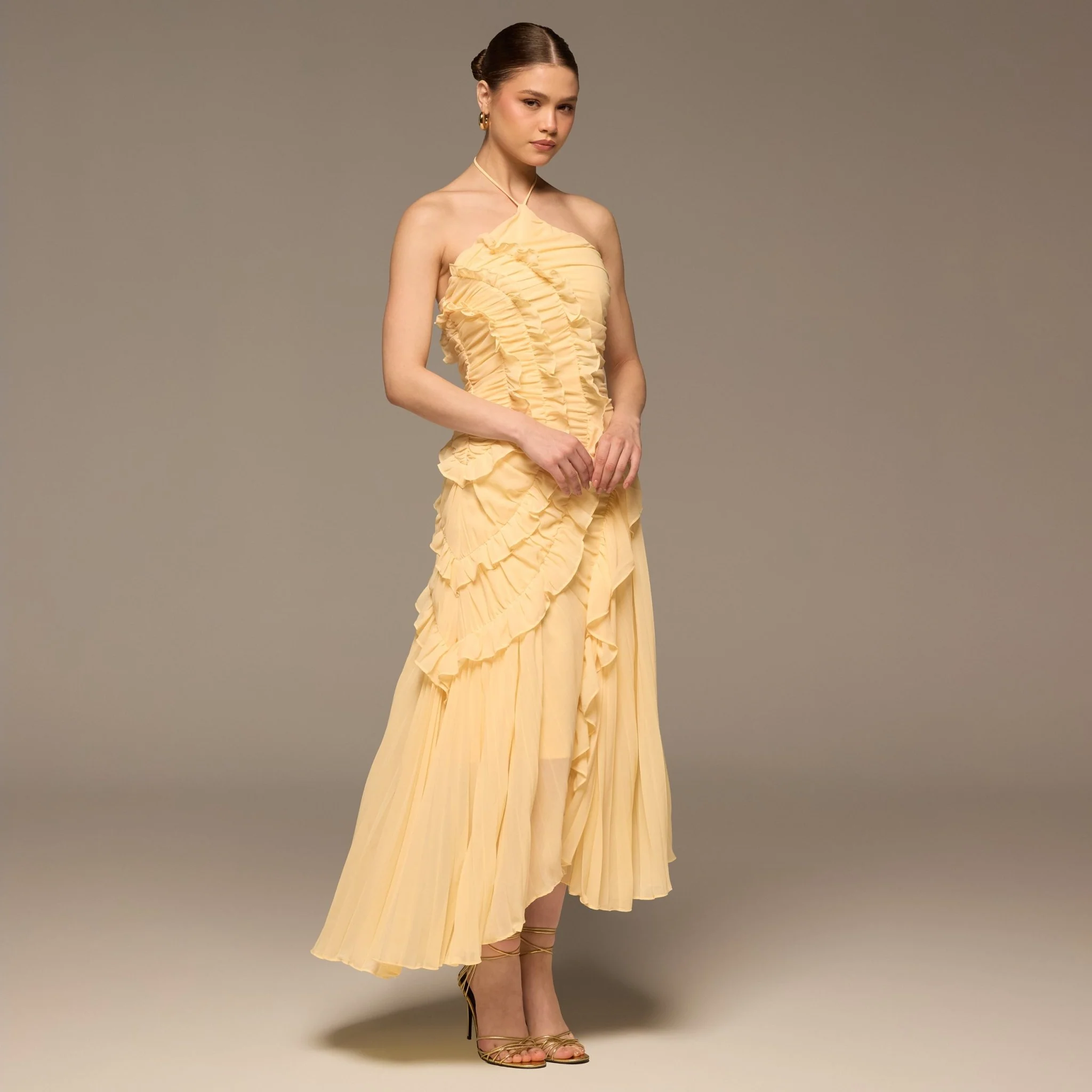Light Yellow Halter Ruffle Chiffon Dress - Image 3