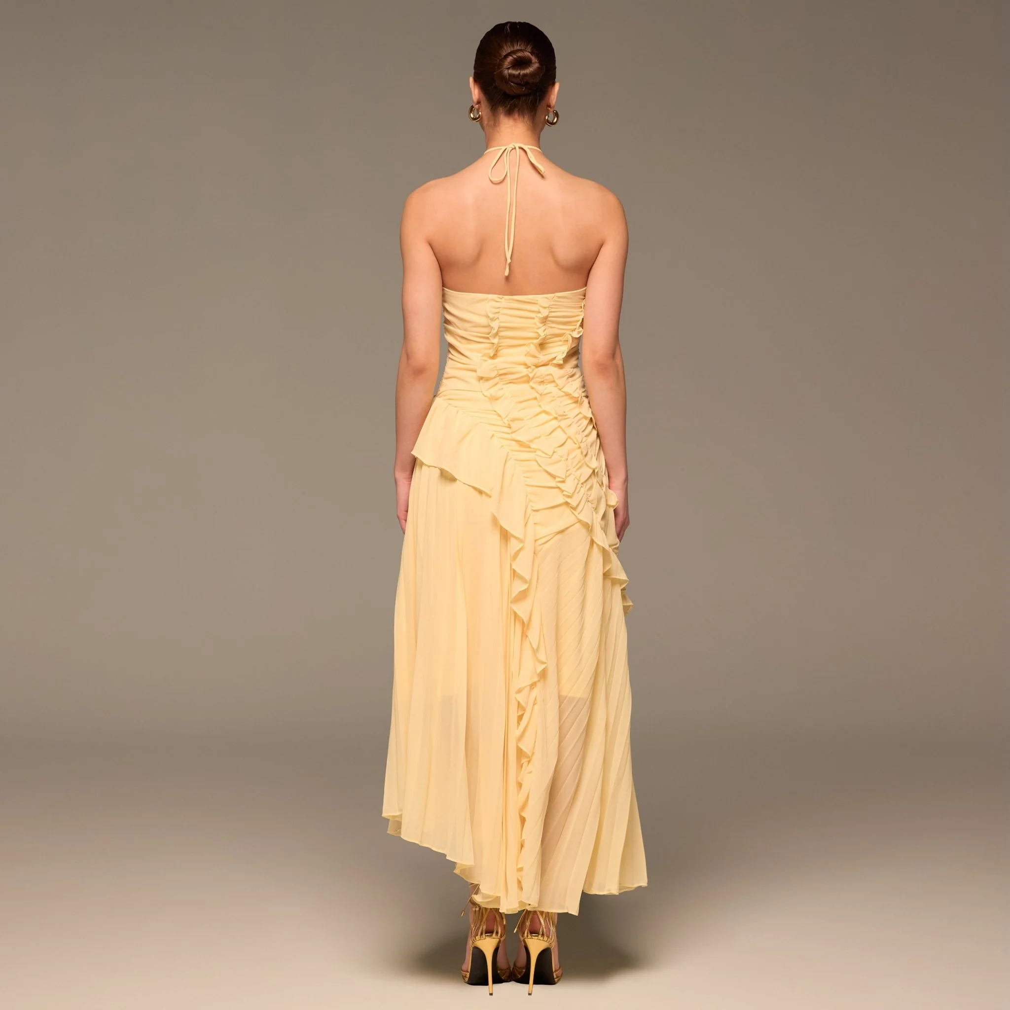 Light Yellow Halter Ruffle Chiffon Dress - Image 5