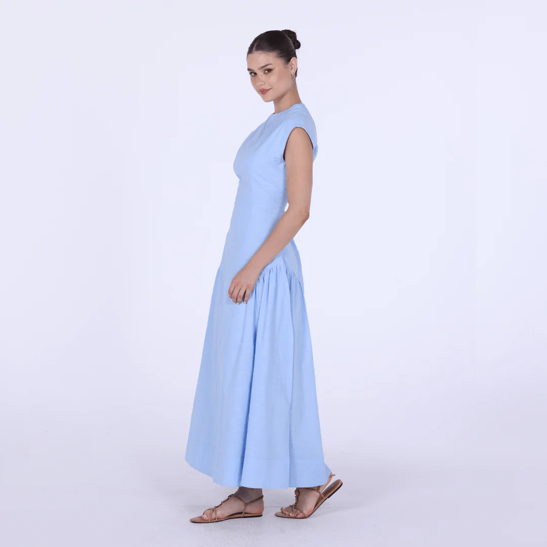 Light Blue Linen Blend Cap Sleeves Stitch A Line Dress - Image 2