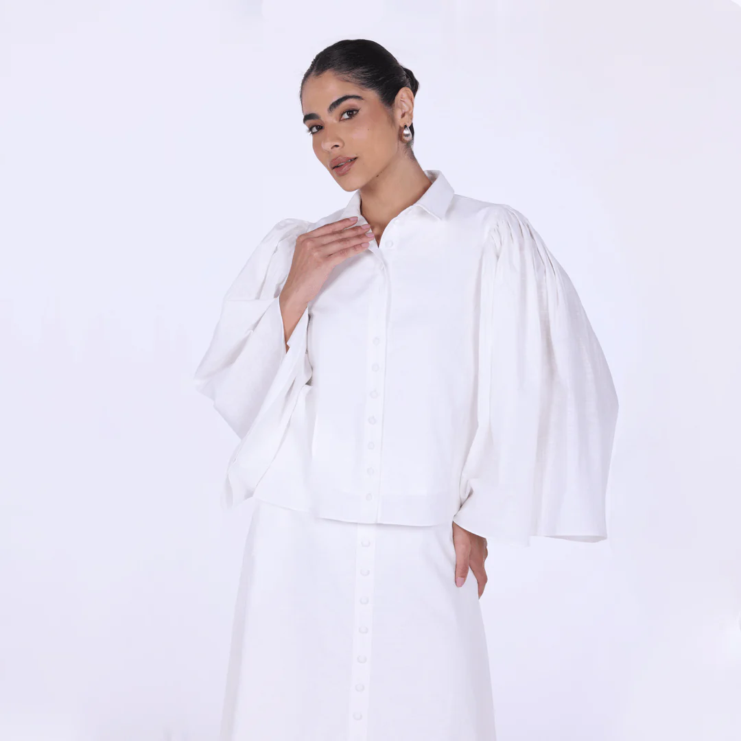 White Linen-Blend Top with Pleated Sleeves