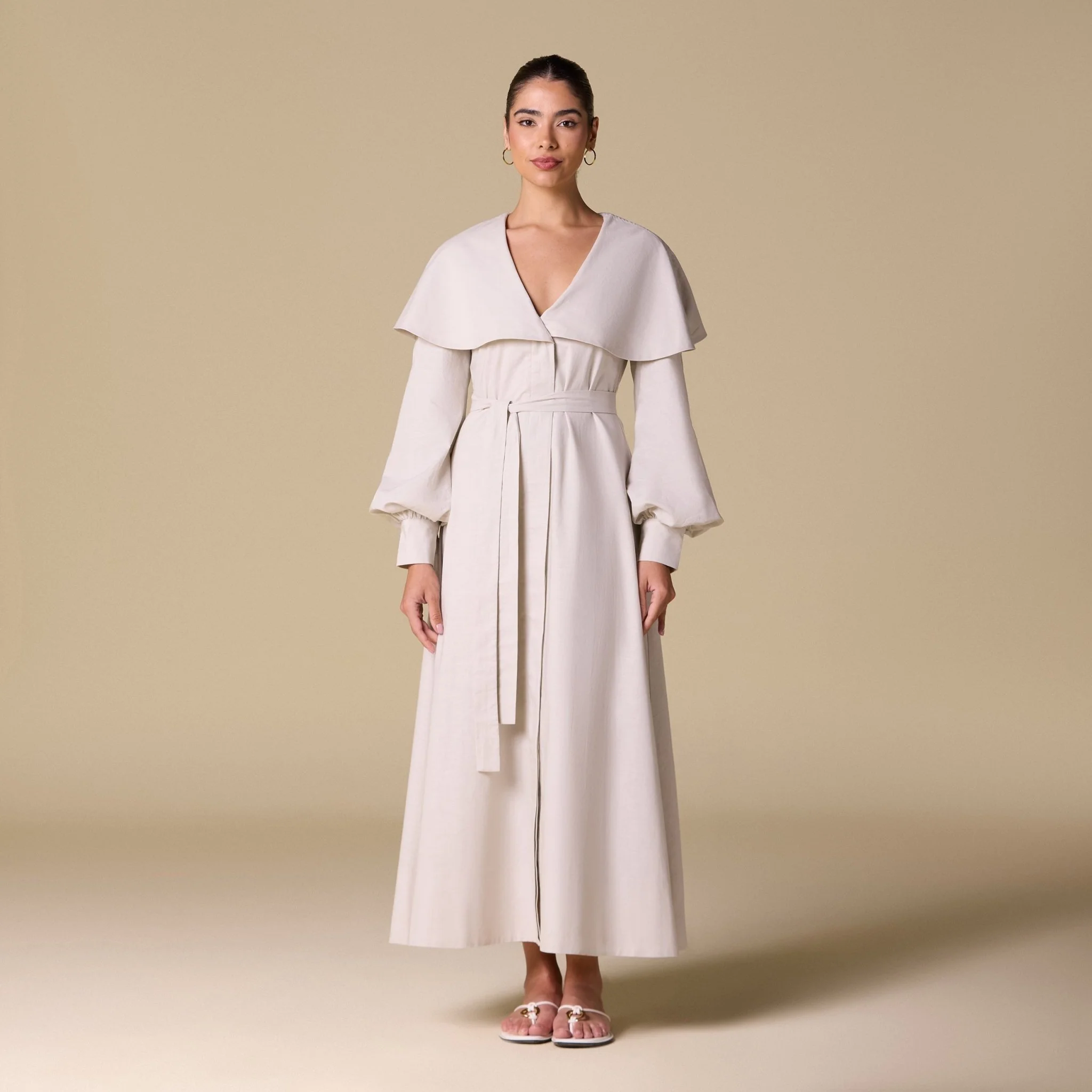 Linen Blend Wide Folded Collar Midi Dress
